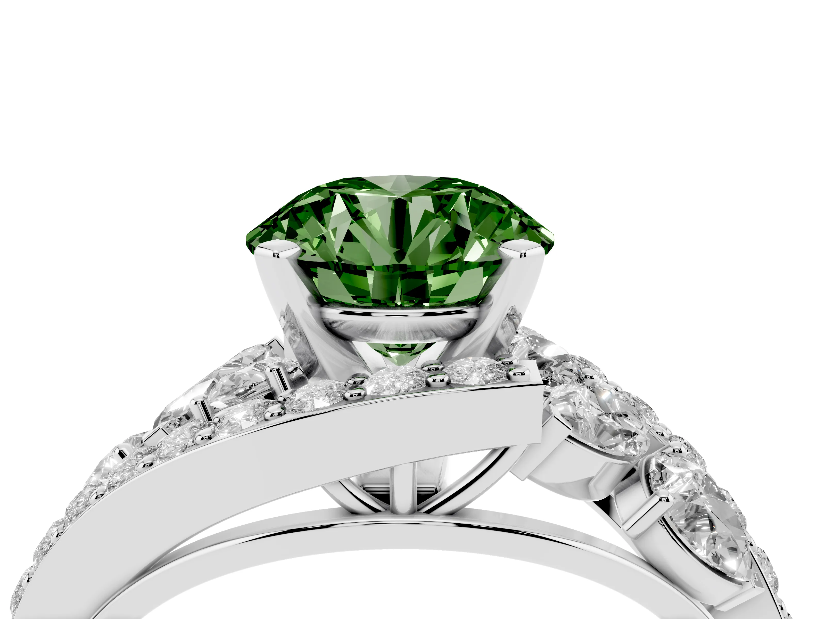 Fancy Green Round Cut Diamond Halo Ring Set in Platinum with Marquise and Pavé Band in Prong Setting