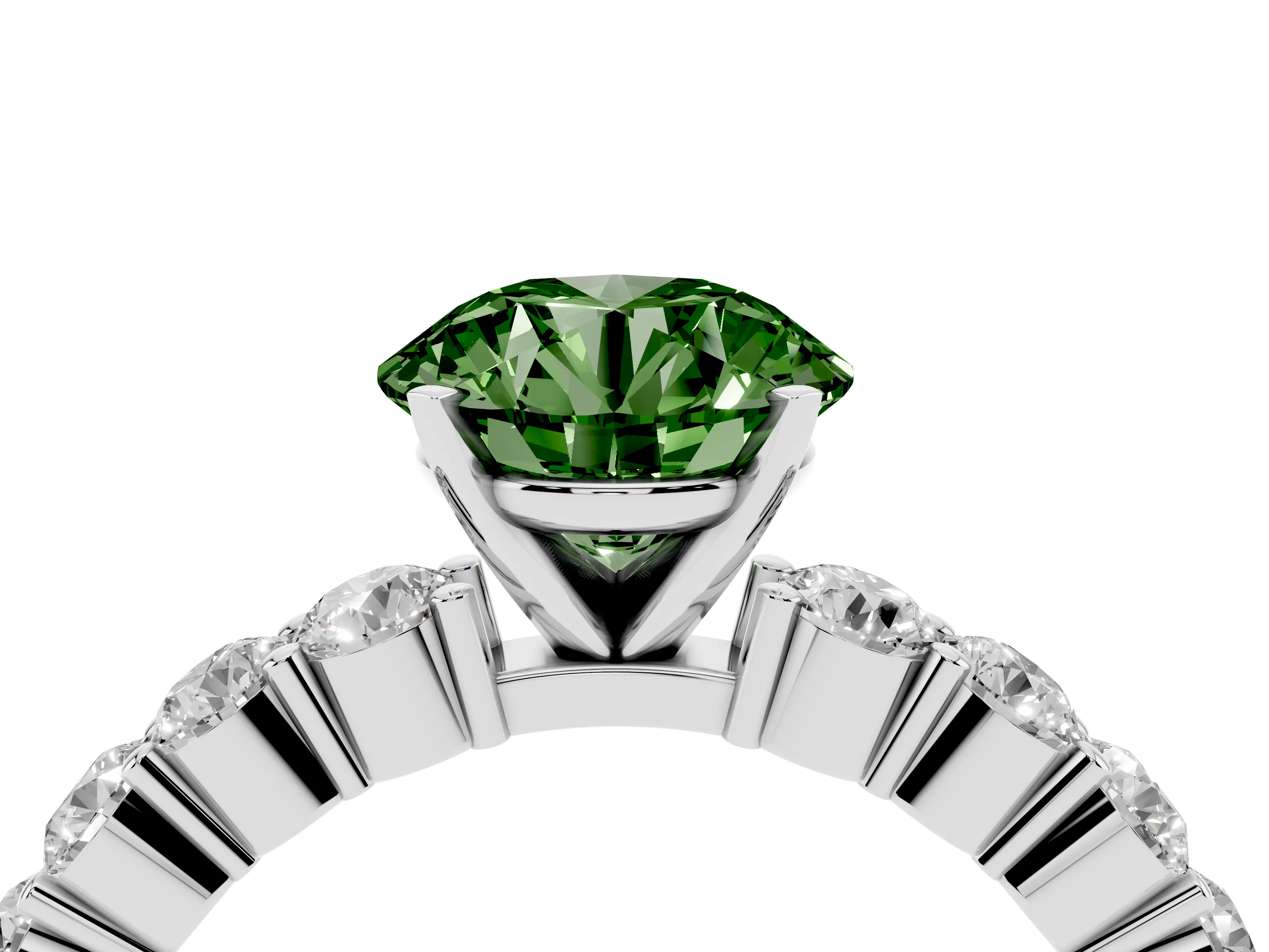 Fancy Green Round Cut Diamond Solitaire Ring Set in Silver with Shared Prong Round Side Stones