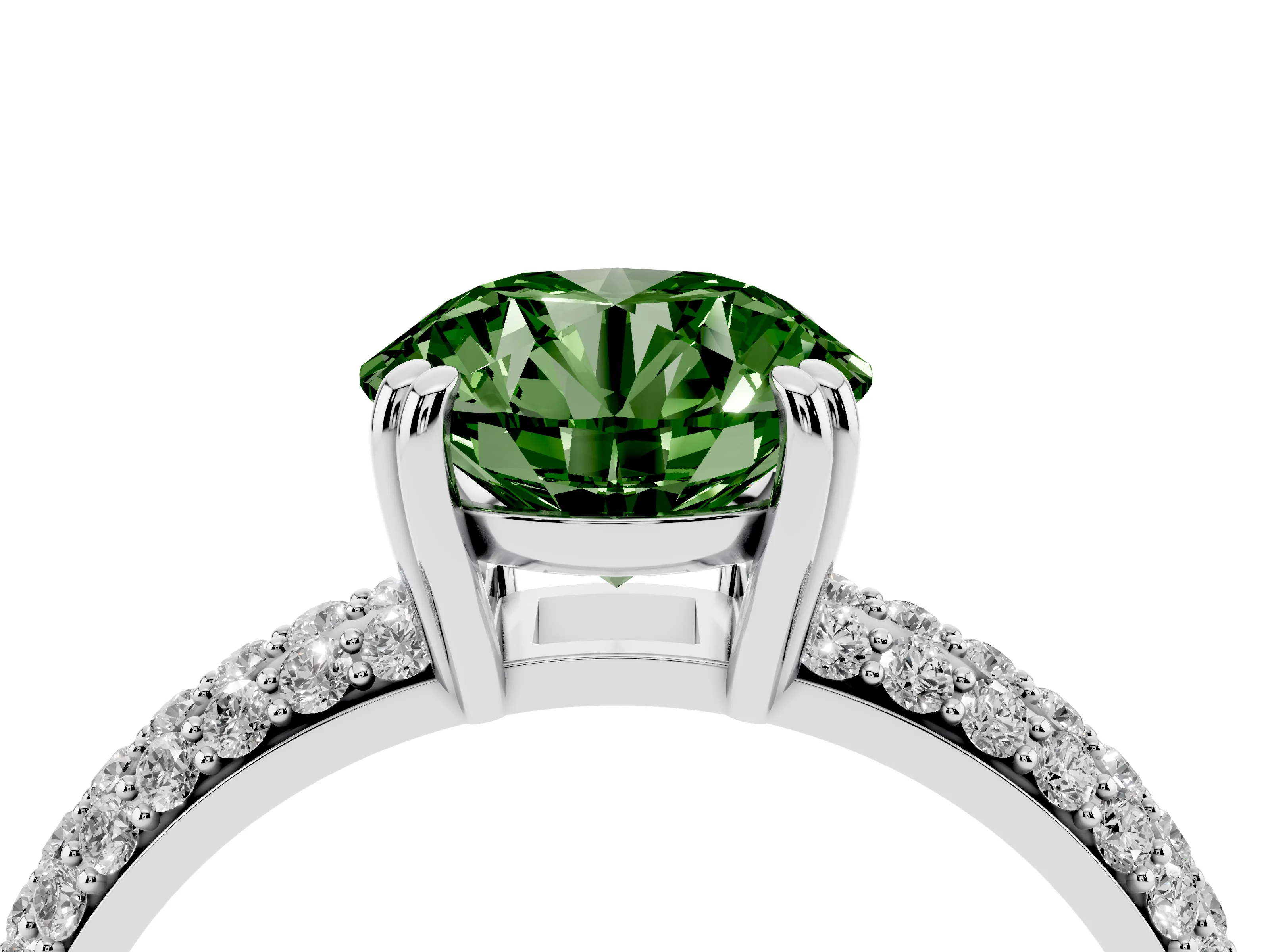 Fancy Green Round Cut Diamond Solitaire Ring Set in Silver with Multi-Row Round Pavé Band and Prong Setting