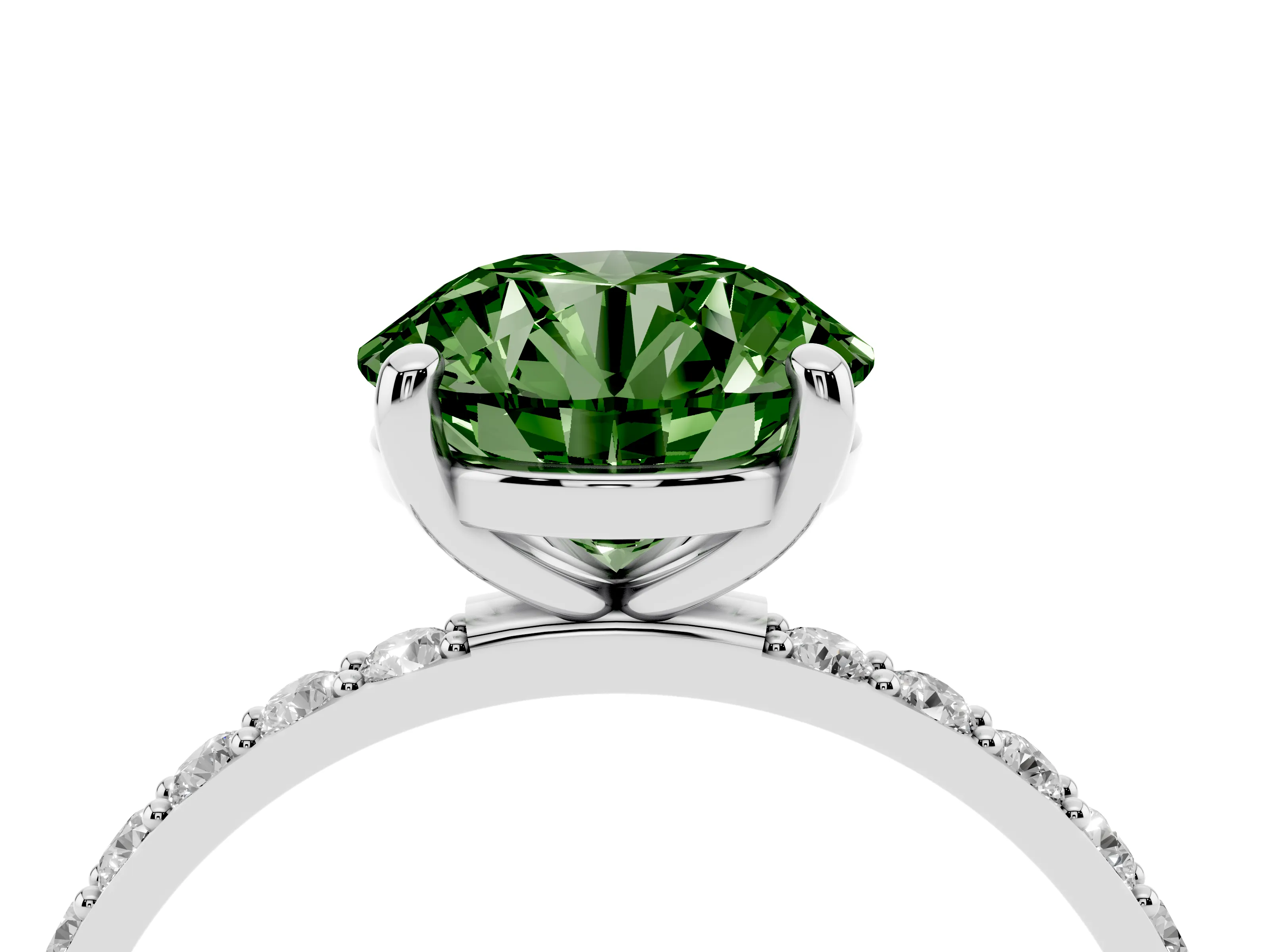 Fancy Green Round Cut Diamond Solitaire Ring Set in Platinum with Round Pavé Band and Prong Setting