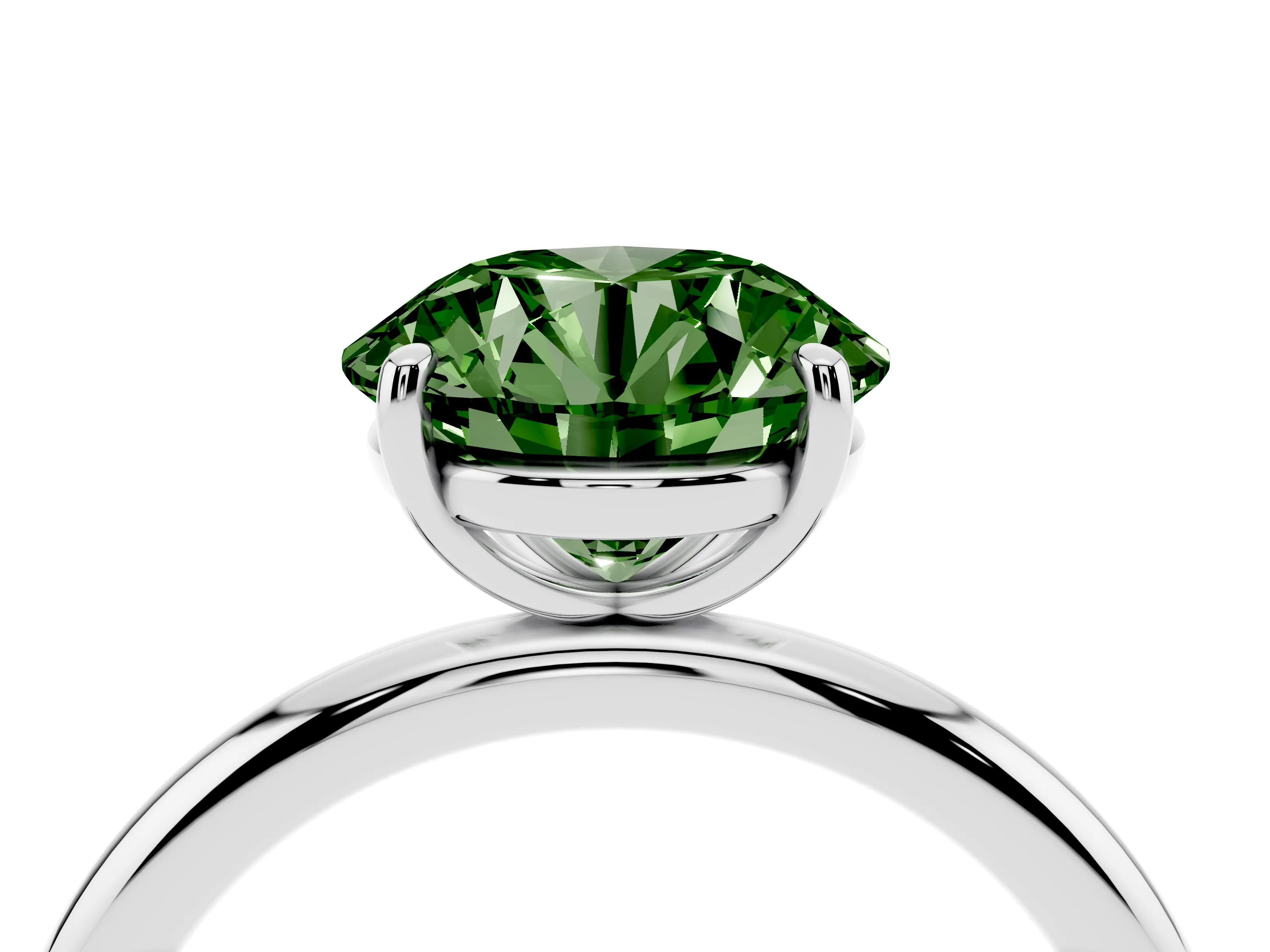 Fancy Green Round Cut Diamond Solitaire Ring Set in Platinum with Prong Setting on a Polished Plain Band