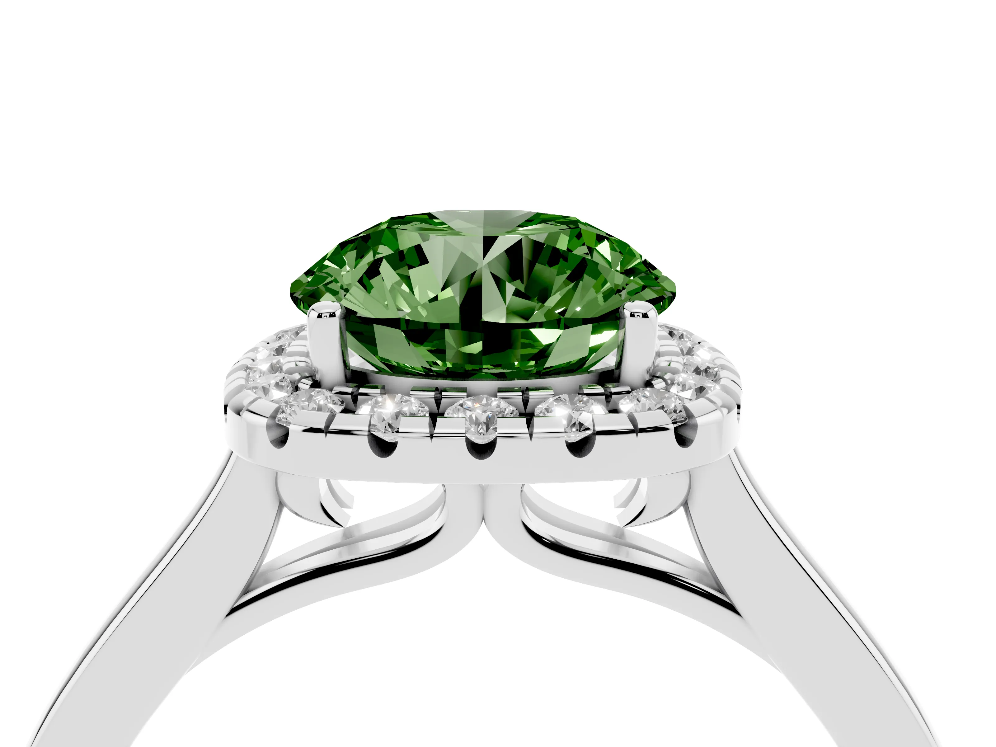 Fancy Green Round Cut Halo Round Diamond Solitaire Ring Set in Silver with Pavé Band and Prong Setting