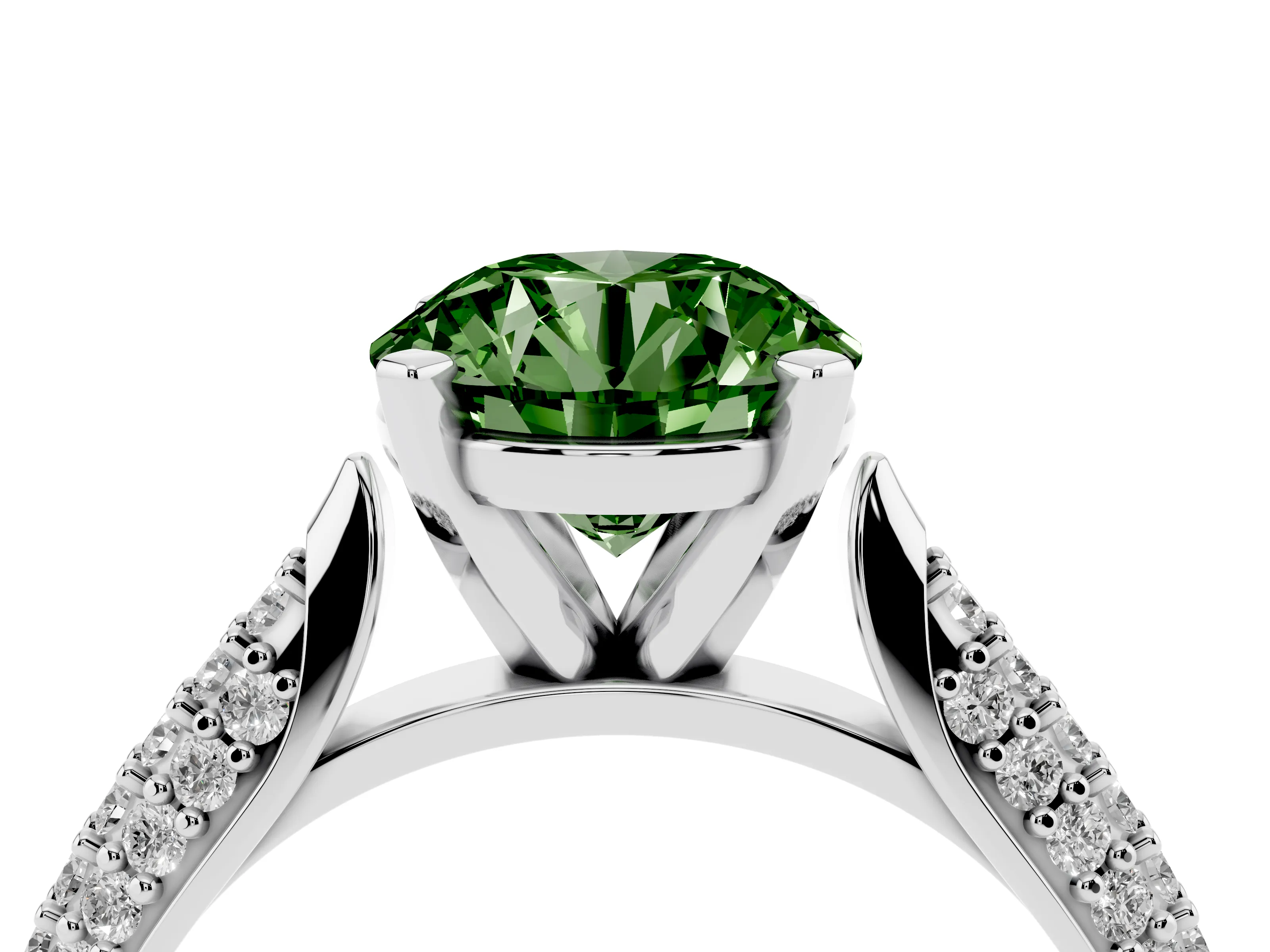 Fancy Green Round Cut Diamond Solitaire Engagement Ring Set in Platinum with Multi-Row Round Pavé Band and Prong Setting