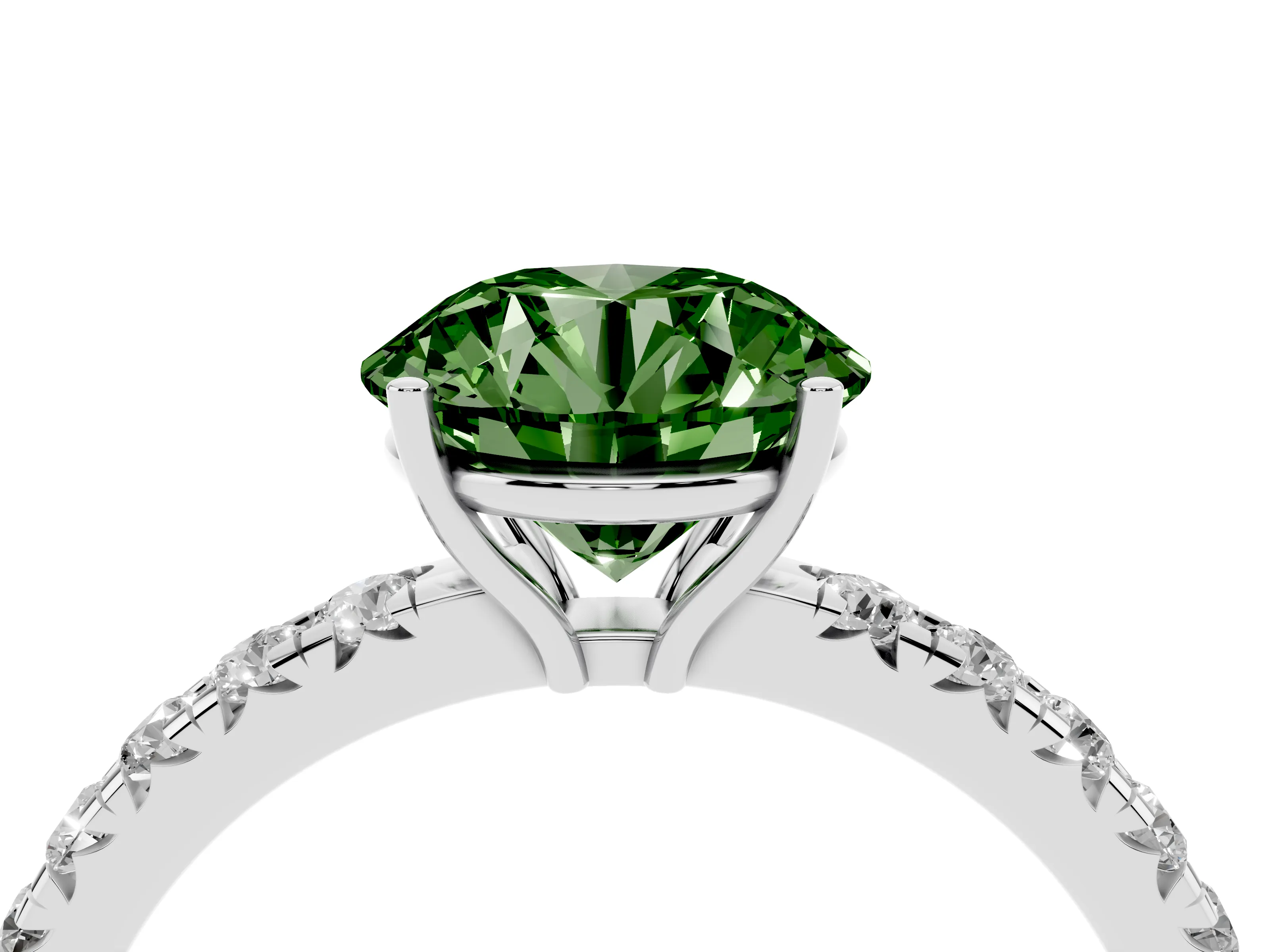 Fancy Green Round Cut Diamond Pavé Solitaire Engagement Ring Set in White gold with Prong Setting