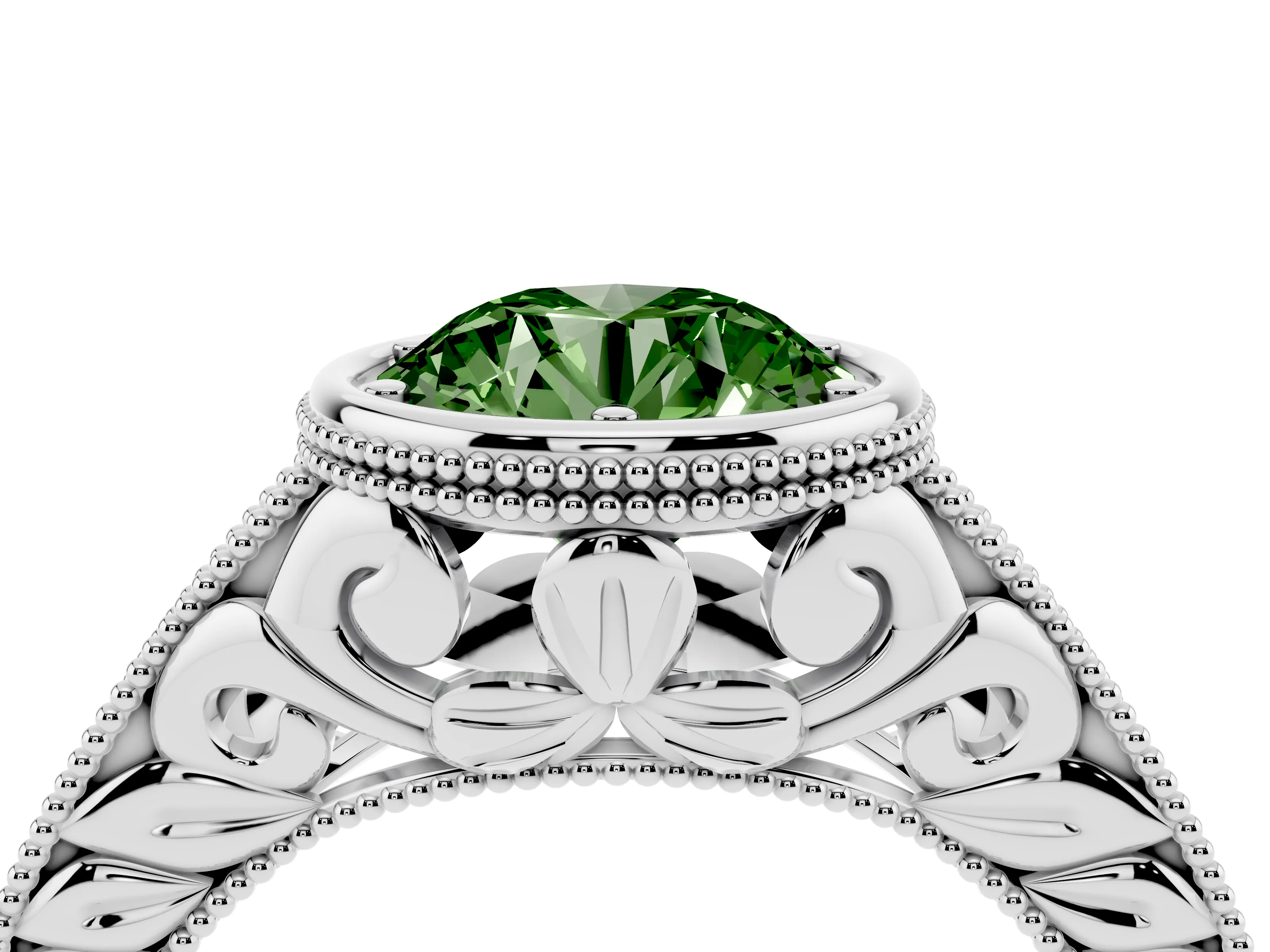 Fancy Green Bezel Set Round Cut Diamond Milgrain Pavé Engagement Ring Set in Silver