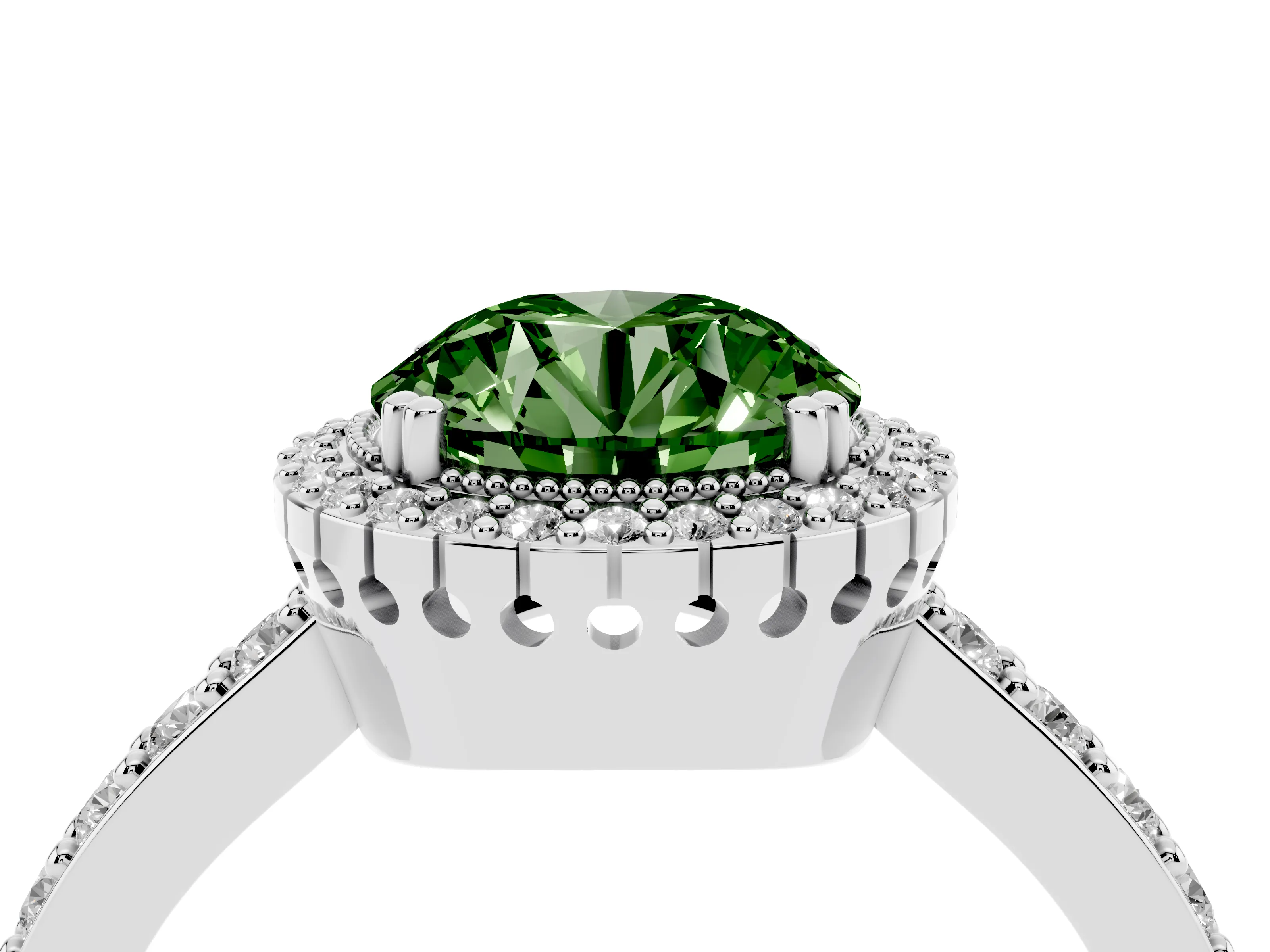 Fancy Green Round Cut Diamond Halo Engagement Ring Set in White gold with Milgrain Detail and Pavé Band