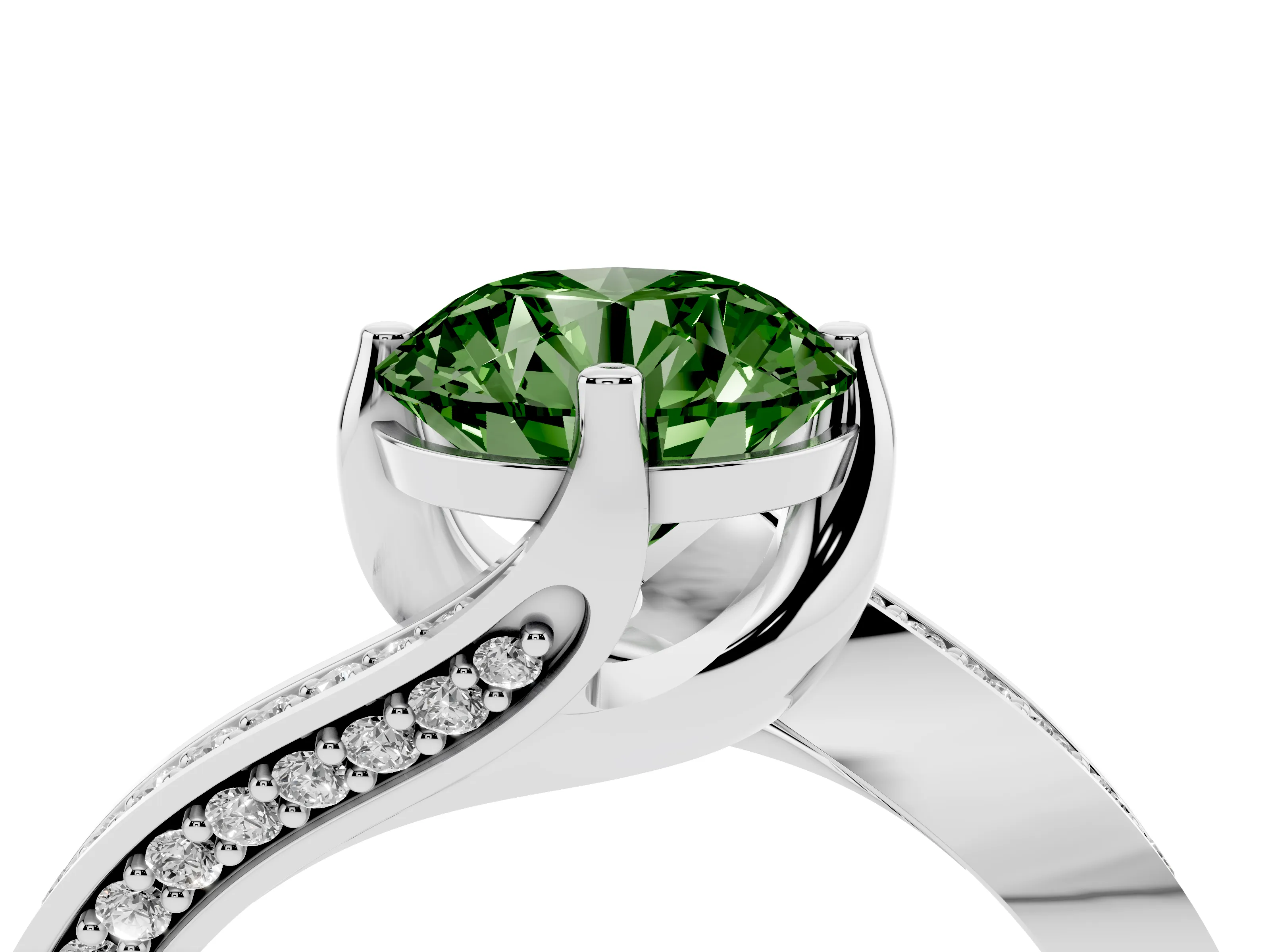 Fancy Green Round Cut Diamond Solitaire Ring Set in White gold with Intertwined Pavé Twist Band