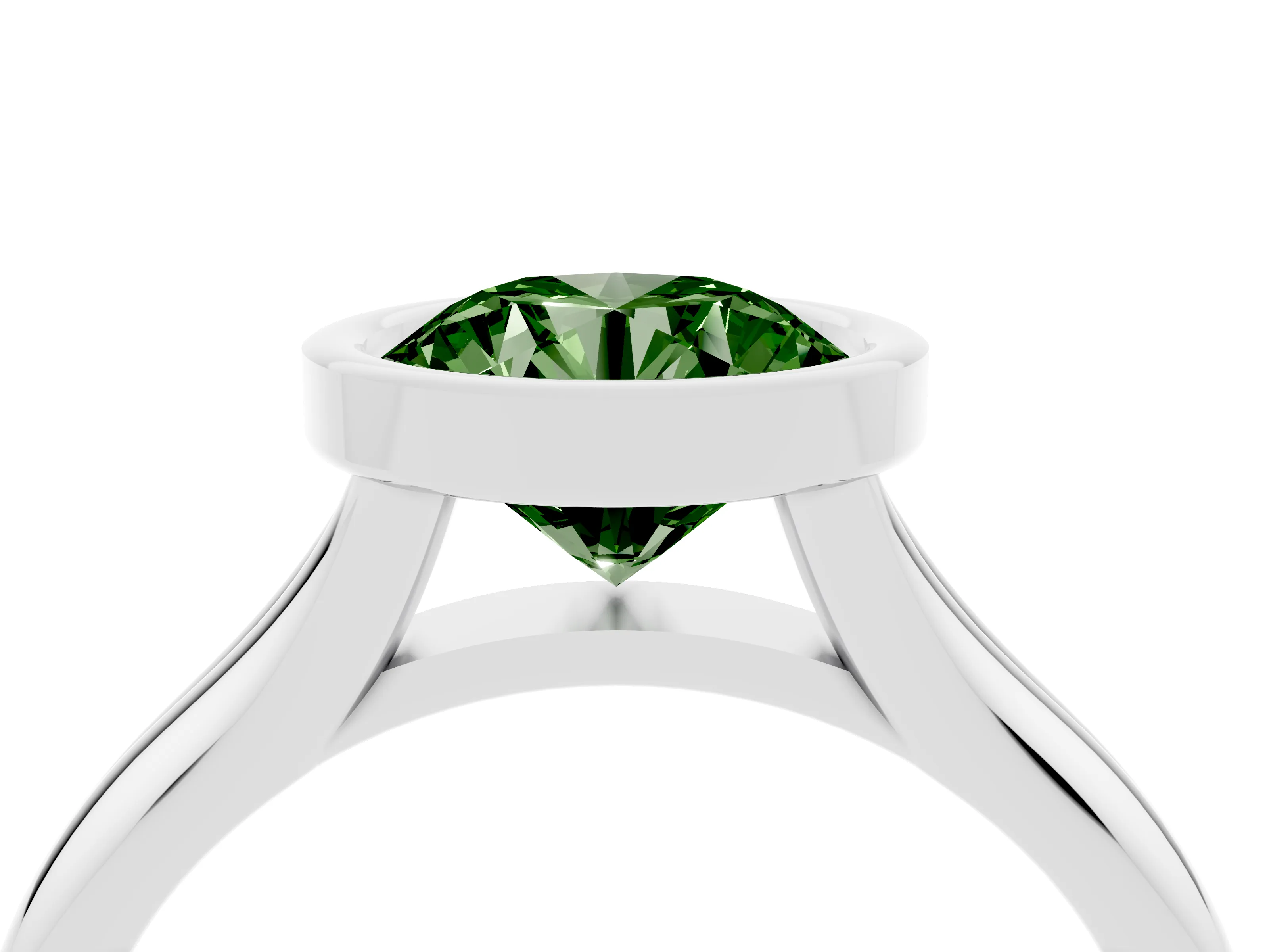 Fancy Green Bezel Set Round Cut Diamond Solitaire Ring Set in White gold with Smooth Band