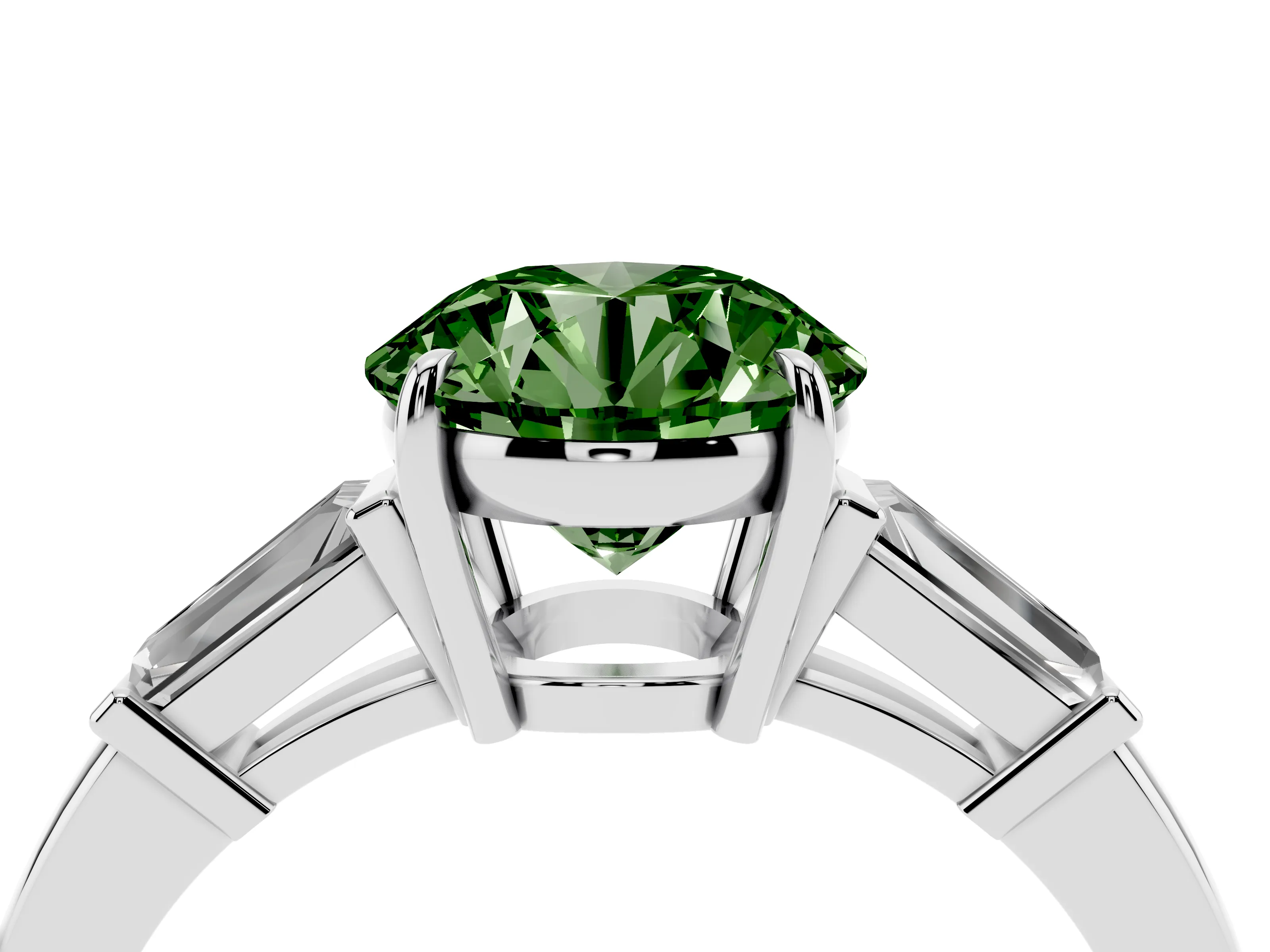 Fancy Green Round Cut Diamond Three-Stone Ring Set in White gold with Tapered Baguette Side Stones and Prong Setting