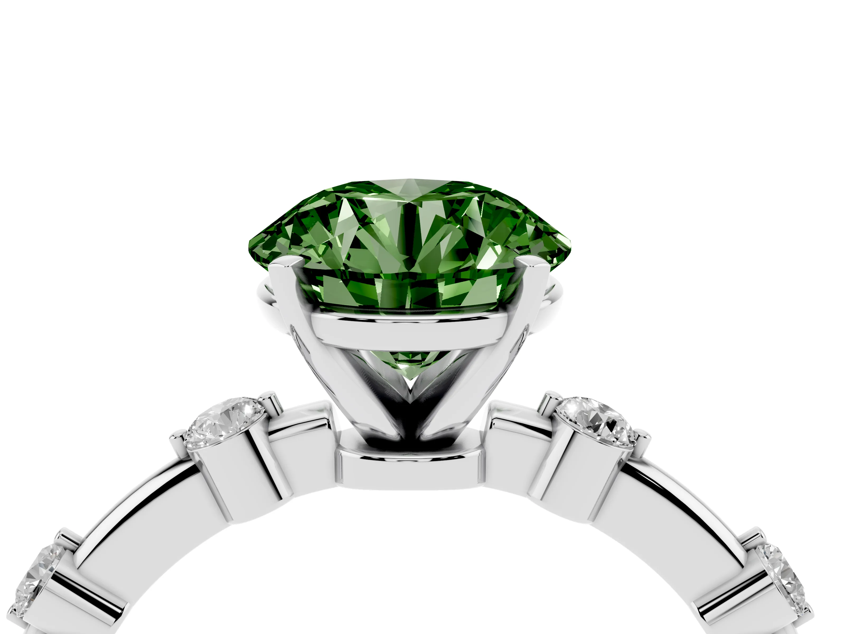 Fancy Green Round Cut Diamond Solitaire Ring Set in Silver with Bezel Set Side Stones and Prong Setting