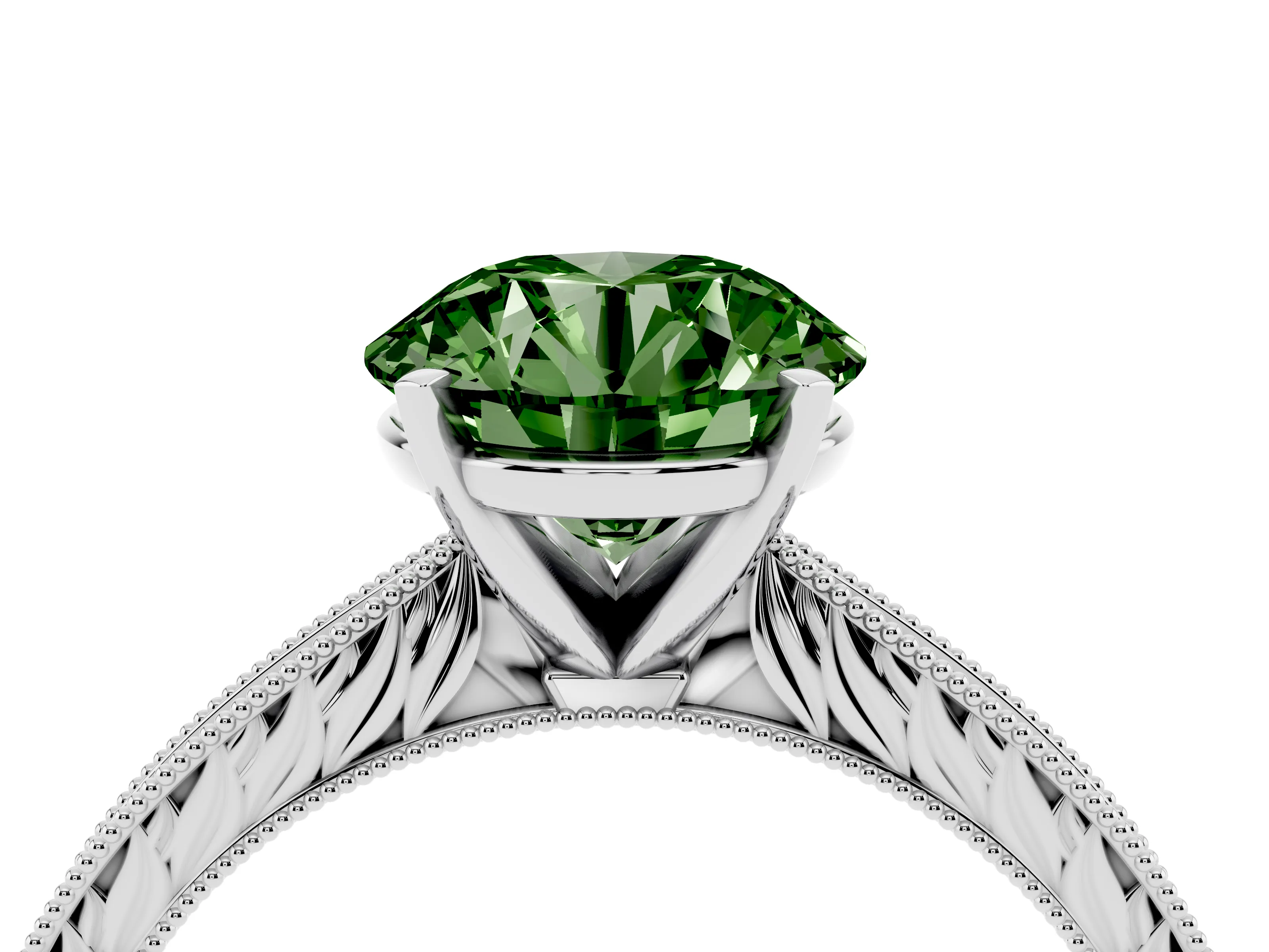 Fancy Green Round Cut Diamond Solitaire Milgrain Engraved Band Set in Platinum with Prong Setting