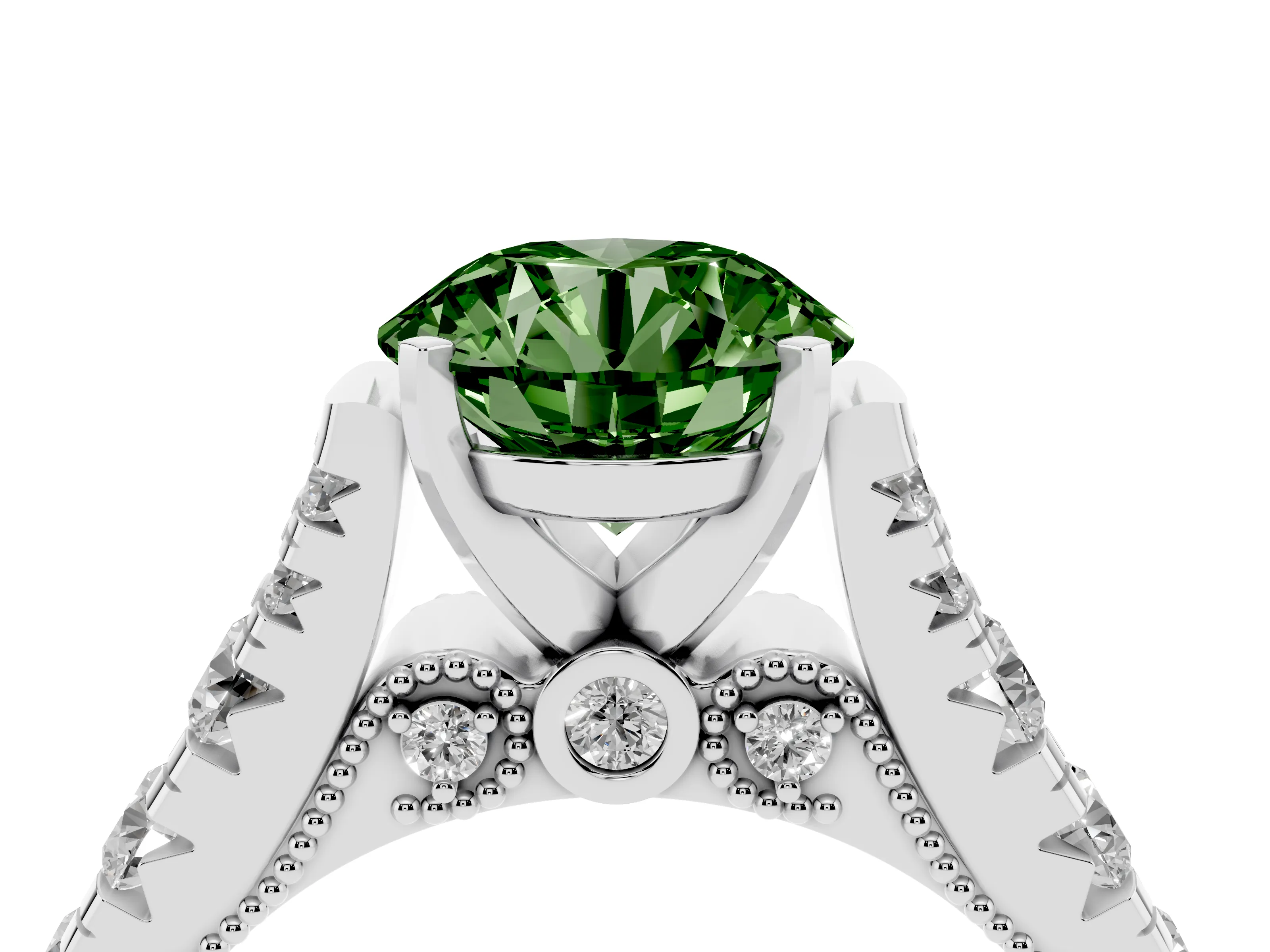 Fancy Green Round Cut Diamond Classic Solitaire Ring Set in Platinum with Pavé Band and Prong Setting