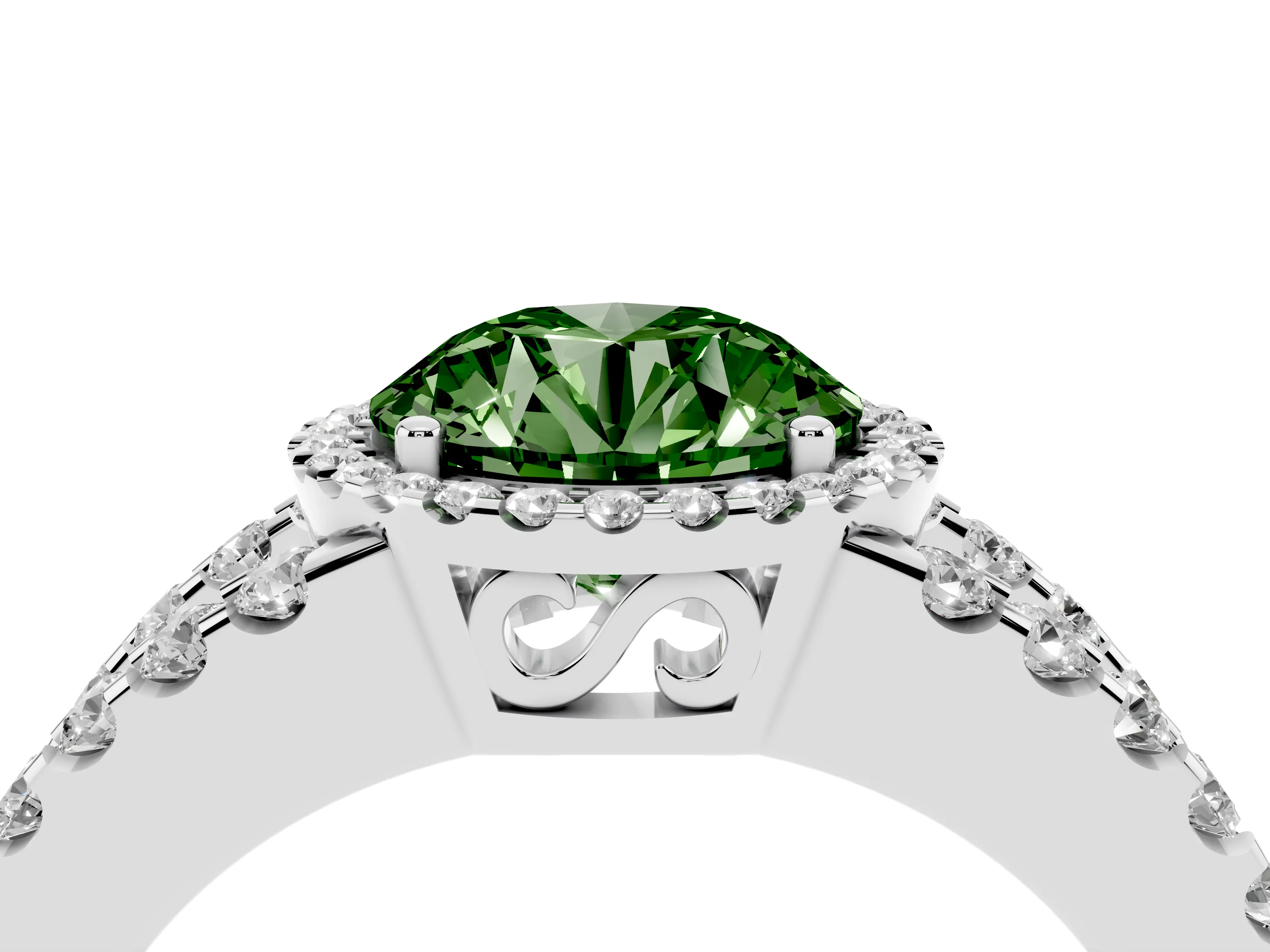 Fancy Green Round Cut Diamond Halo Ring Set in Silver with Pavé Split Shank and Prong Setting