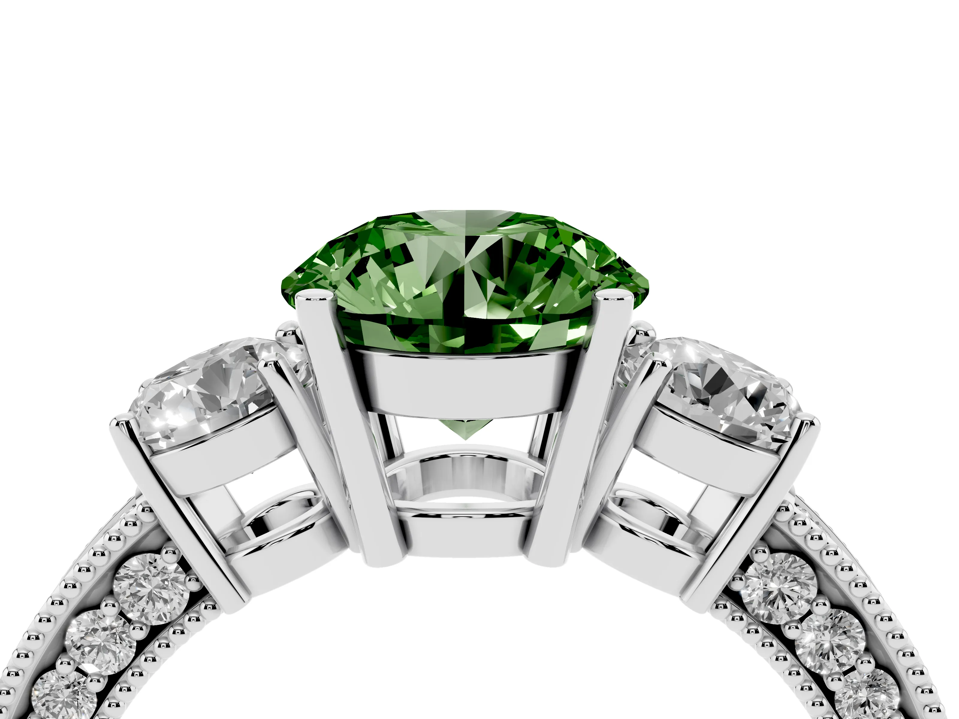 Fancy Green Round Cut Diamond Three-Stone Ring Set in White gold with Round Side Stones and Pavé Band