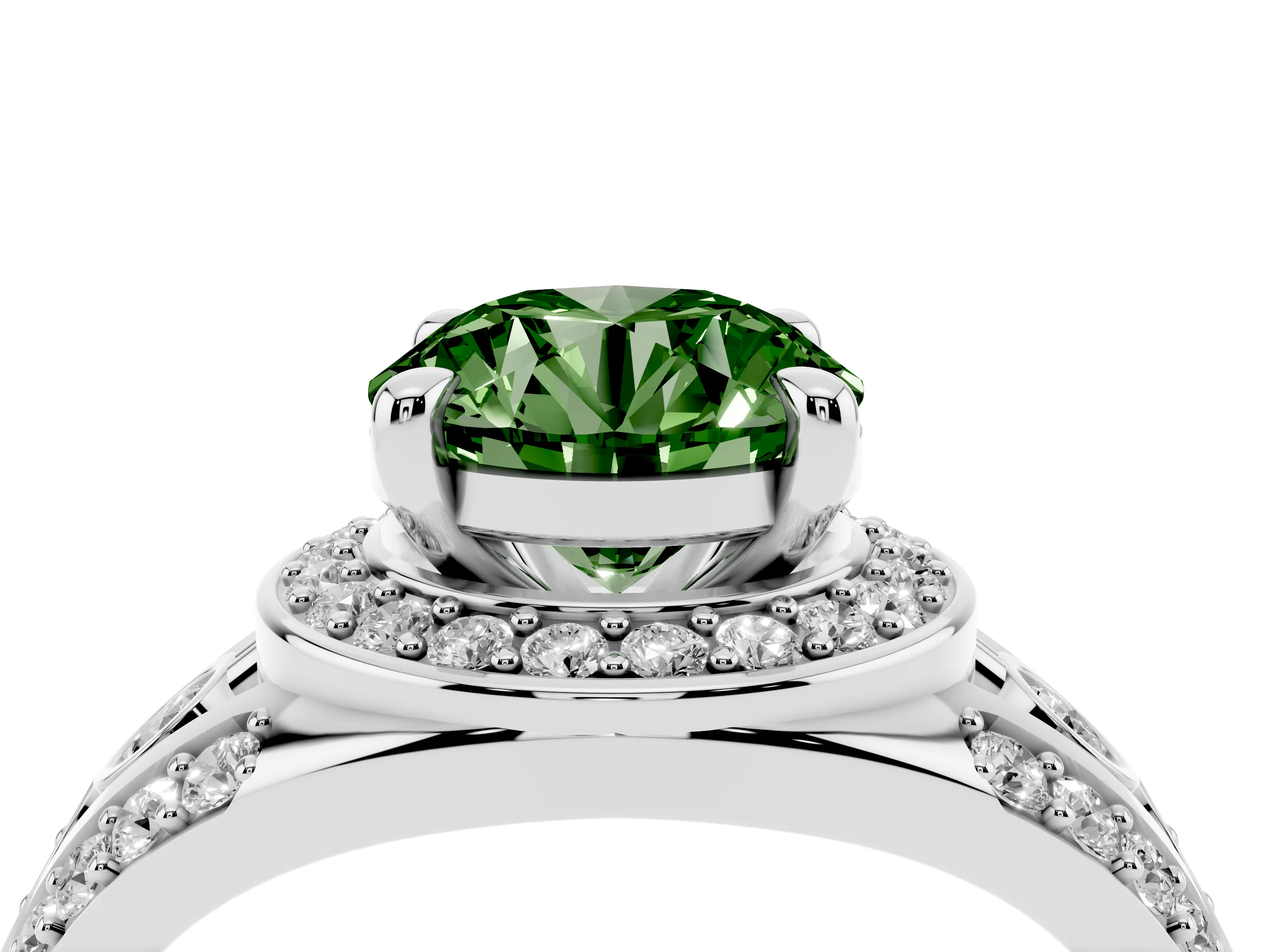 Fancy Green Round Cut Diamond Halo Ring Set in Silver with Pavé Split Shank and Bezel Accents