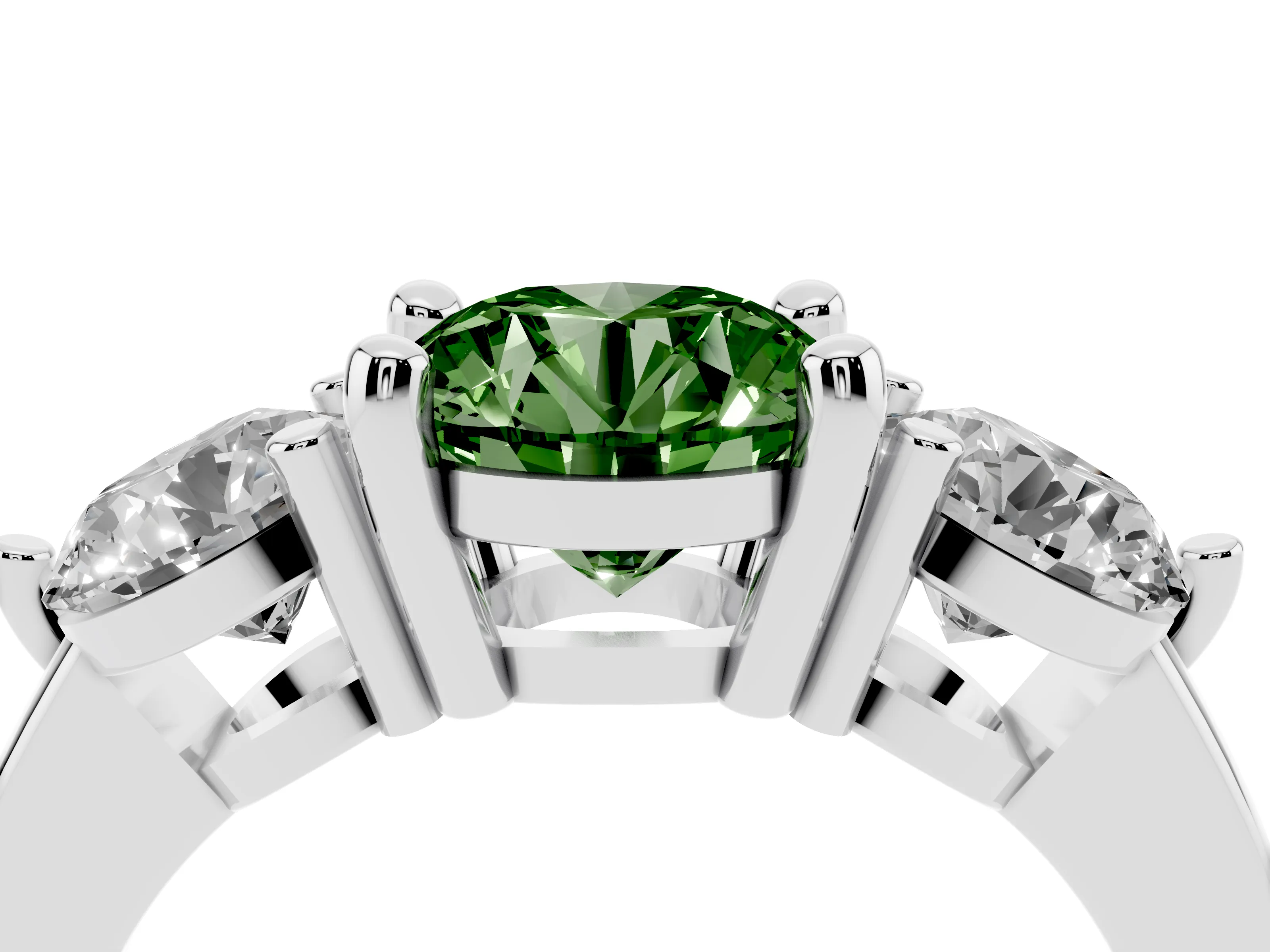Fancy Green Round Cut Diamond Three-Stone Ring Set in Silver with Prong Setting and Classic Band