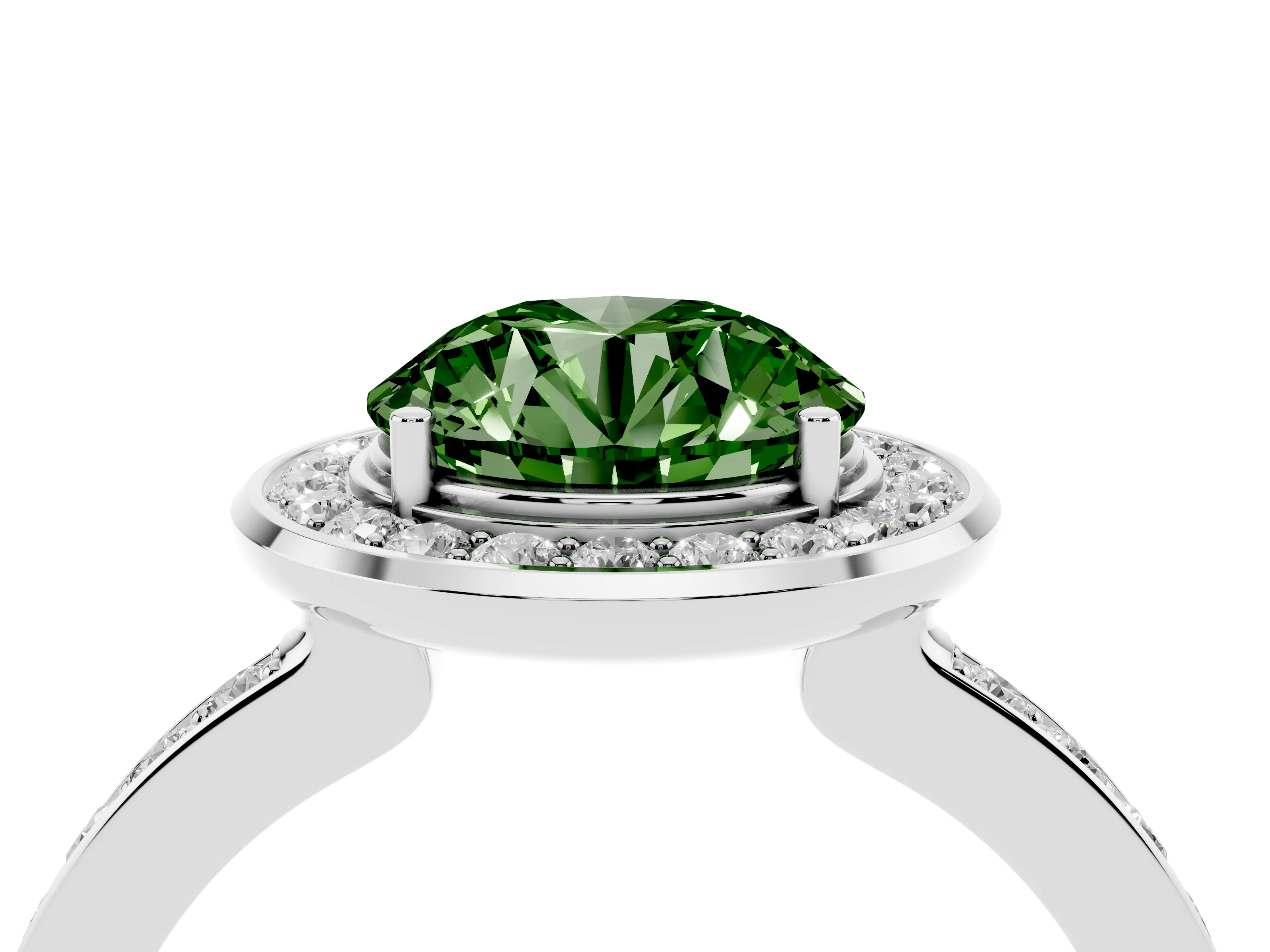 Fancy Green Round Cut Diamond Halo Ring Set in Silver with Bezel Frame and Pavé Band