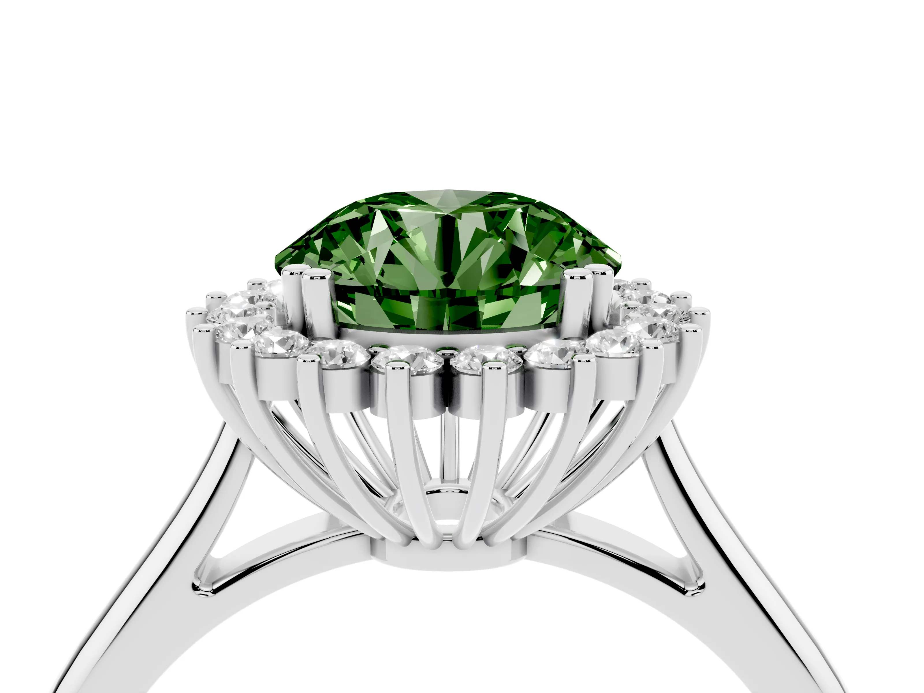 Fancy Green Round Cut Diamond Halo Ring Set in Platinum with Plain Solitaire Band and Prong Setting