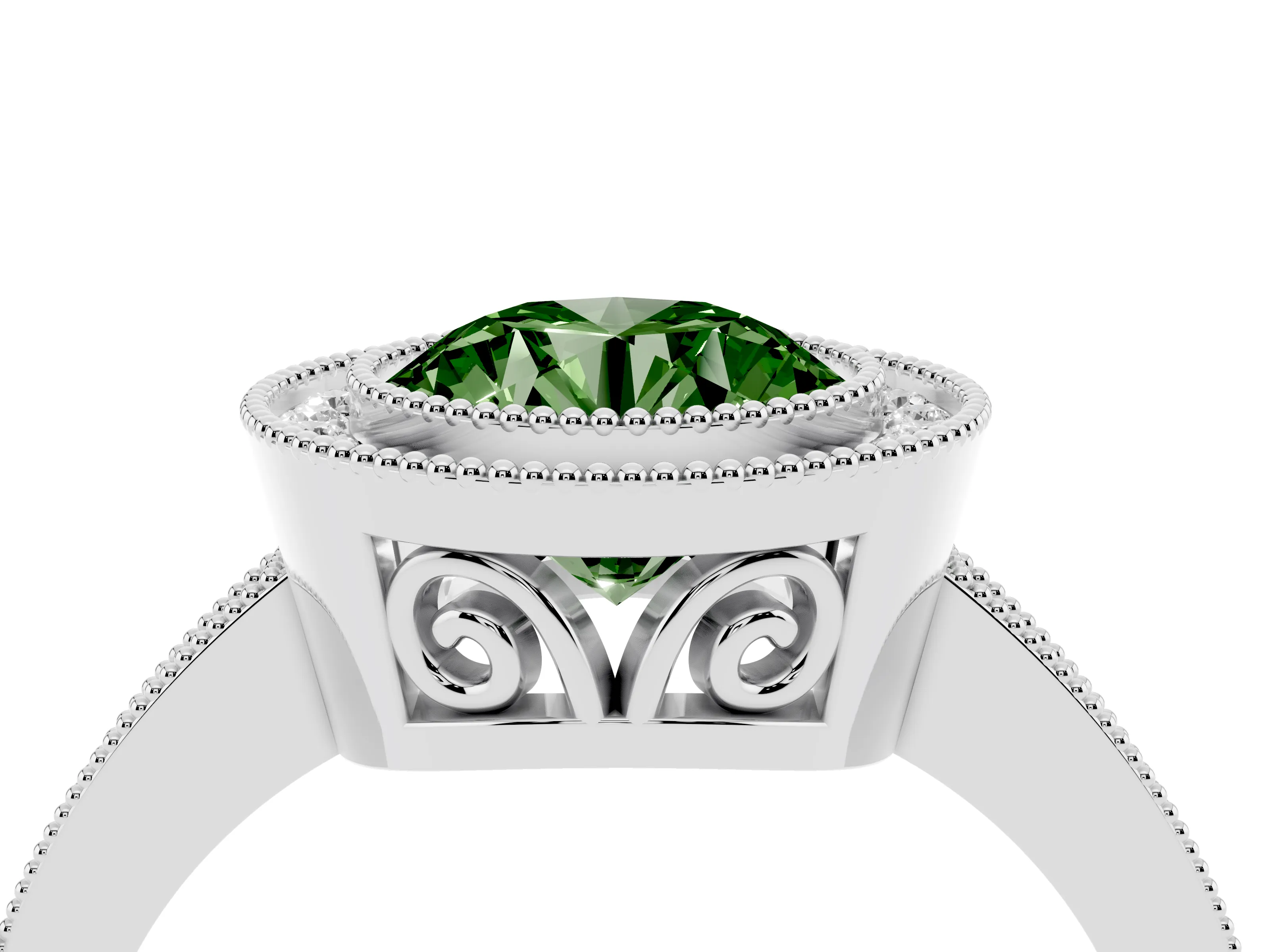 Fancy Green Round Cut Diamond Halo Ring Set in White gold with Pavé Band and Milgrain-Edged Prongs
