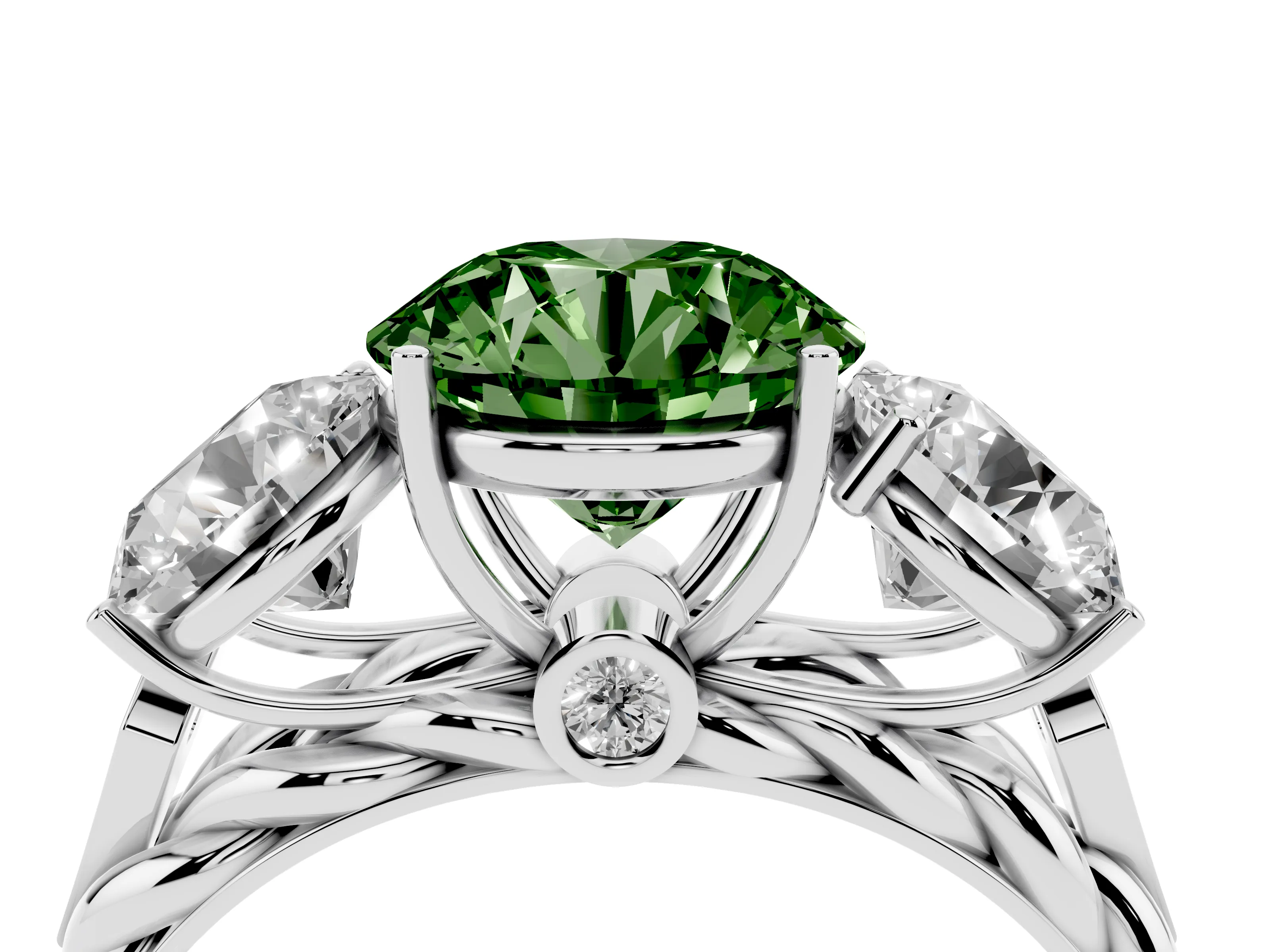 Fancy Green Round Cut Diamond Three-Stone Ring Set in Silver with Braided Band
