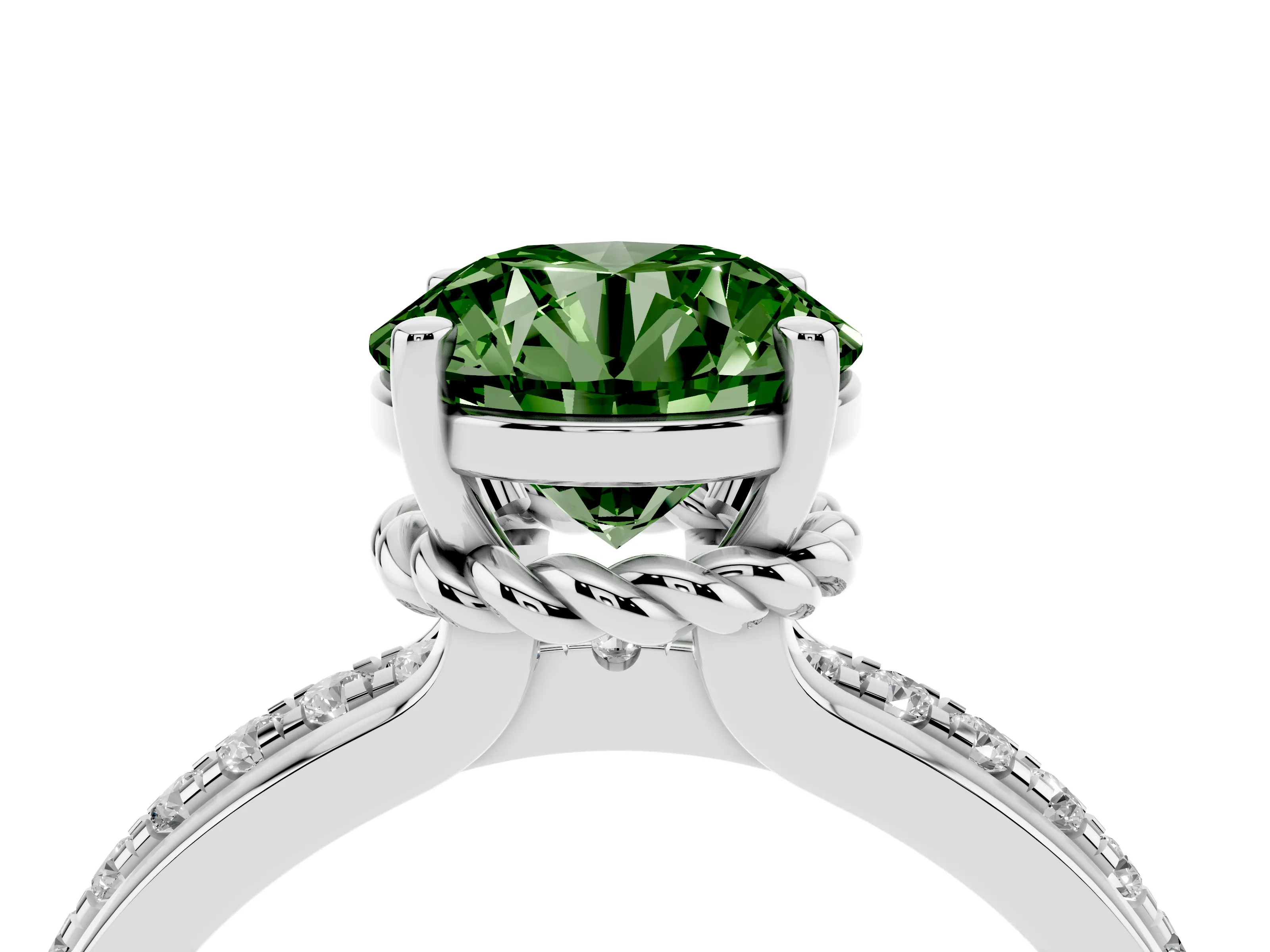 Fancy Green Round Cut Diamond Solitaire Ring Set in Silver with Channel Set Band and Prong Setting
