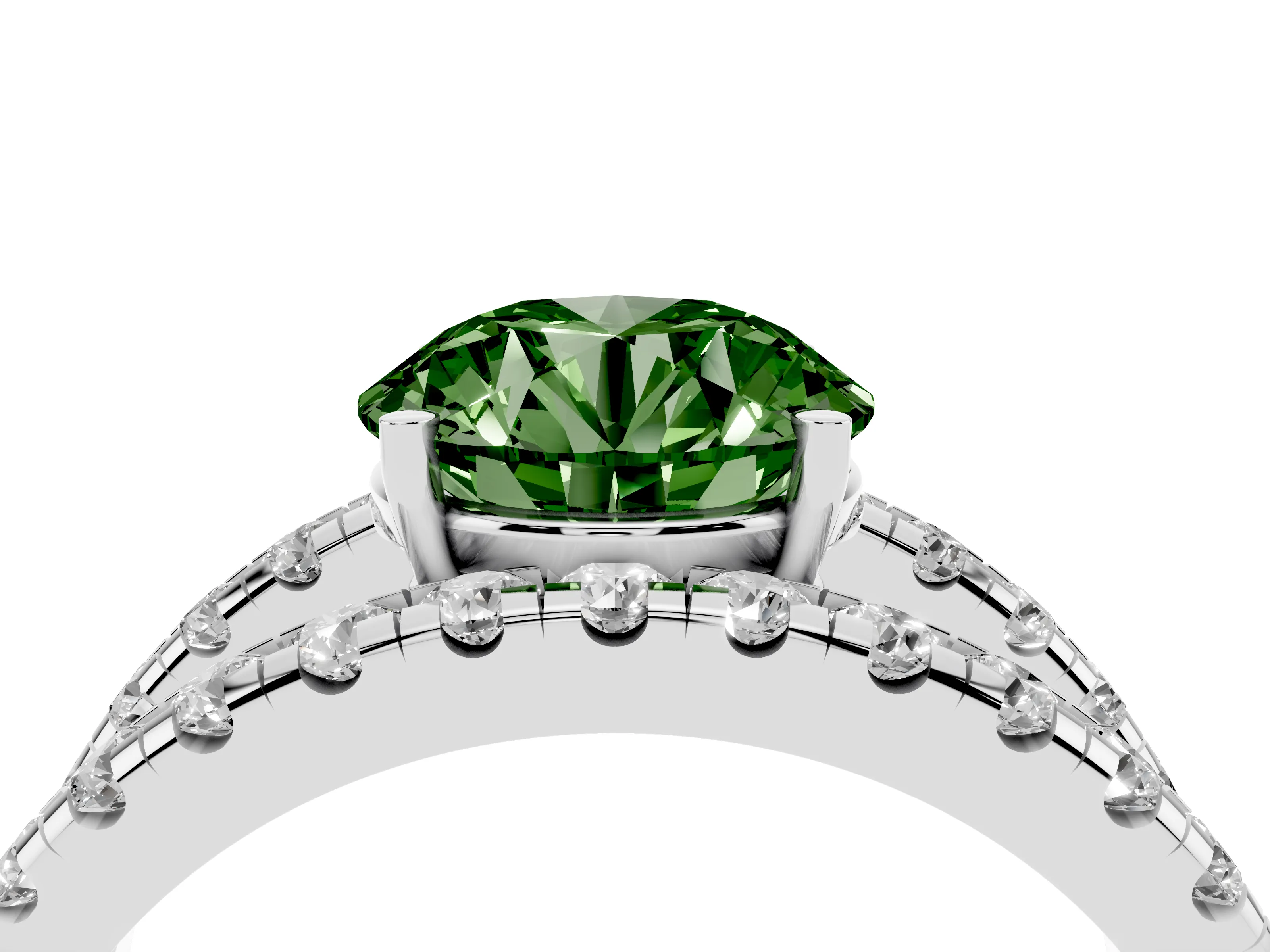 Fancy Green Round Cut Diamond Split Shank Pavé Solitaire Ring Set in Platinum with Open Shank Design