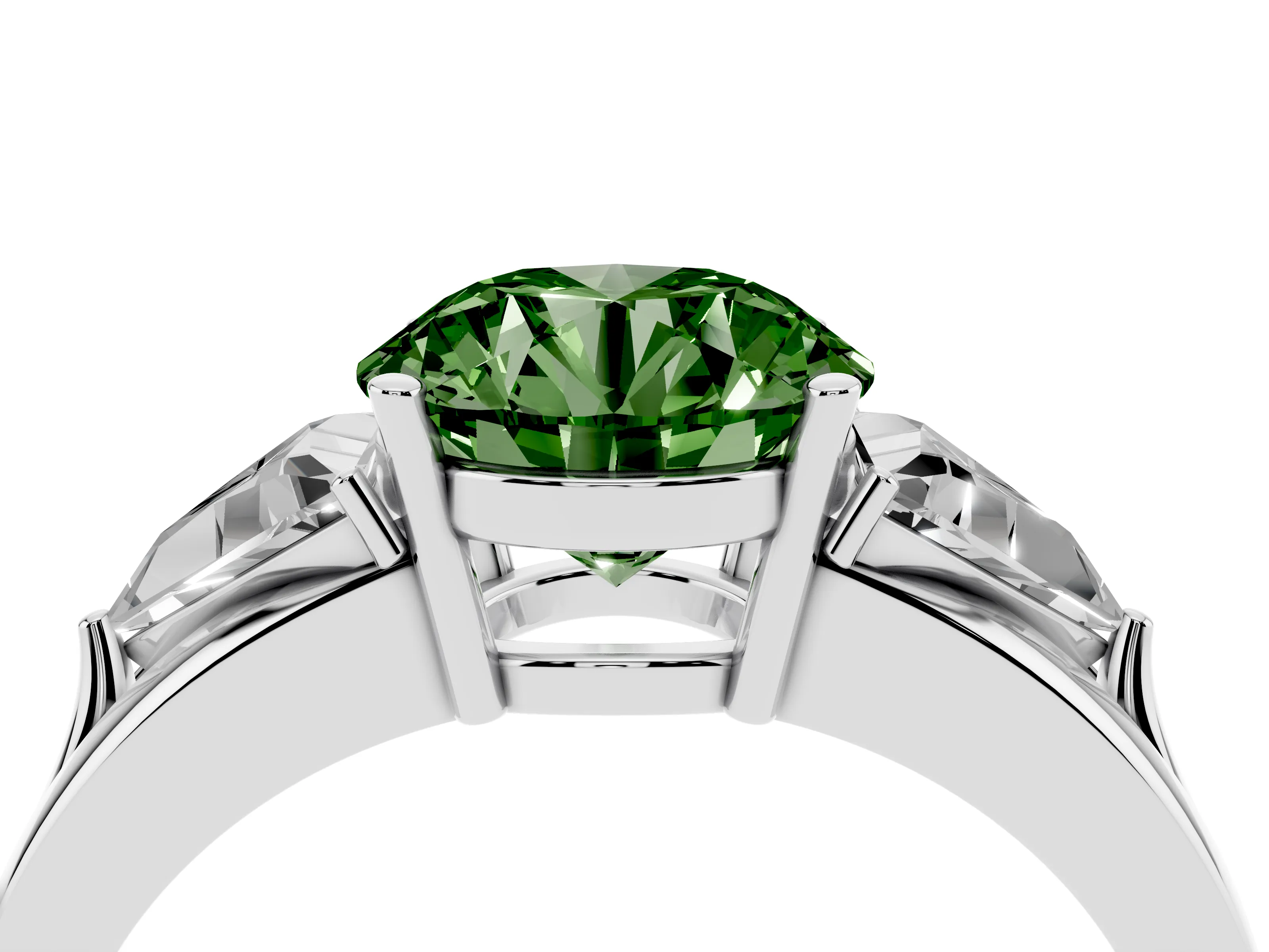 Fancy Green Round Cut Diamond Three-Stone Ring Set in Silver with Trillion Side Stones and Split Shank