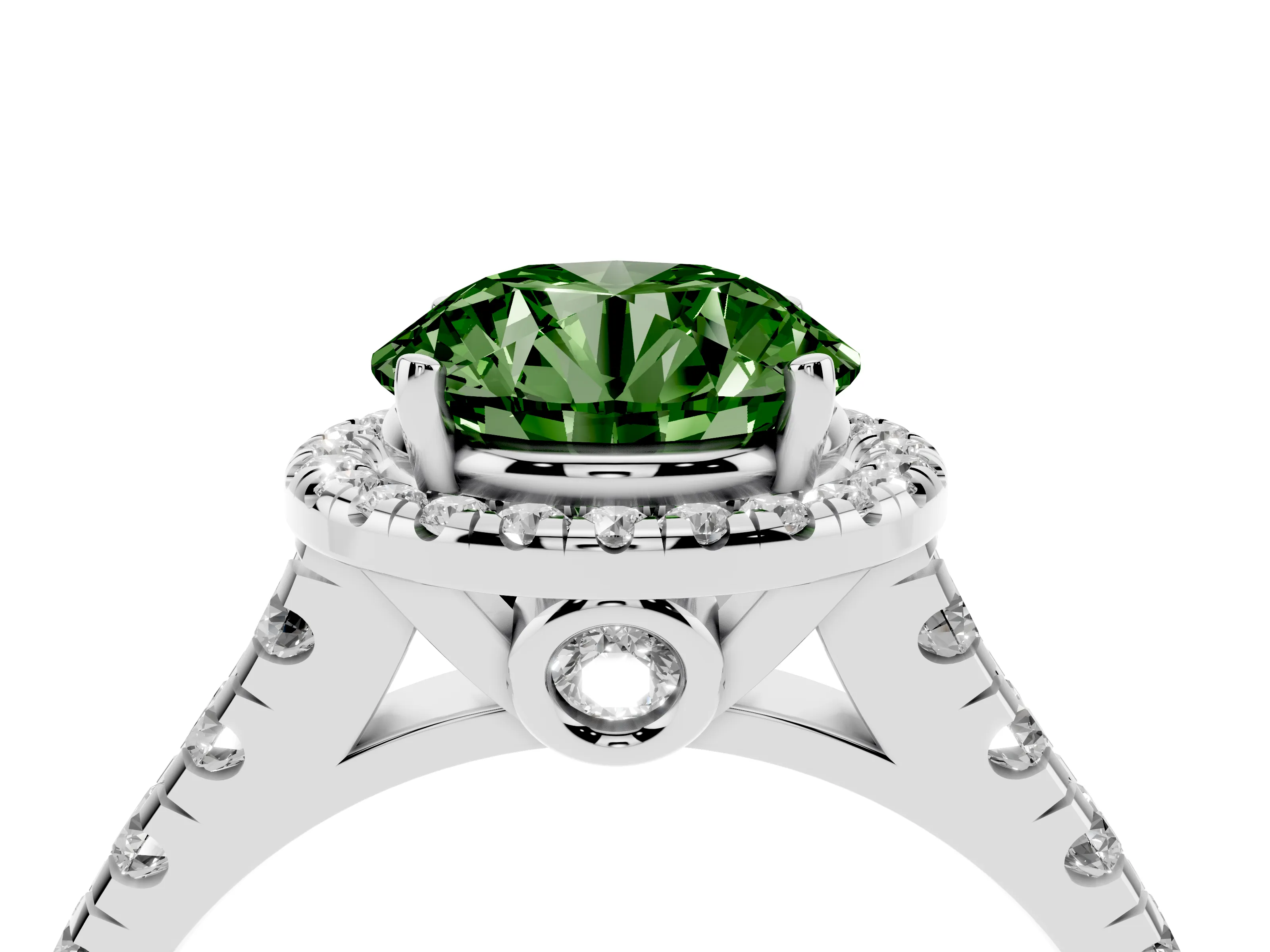 Fancy Green Round Cut Diamond Halo Engagement Ring Set in Platinum with Pavé Band and Prong-Set Center