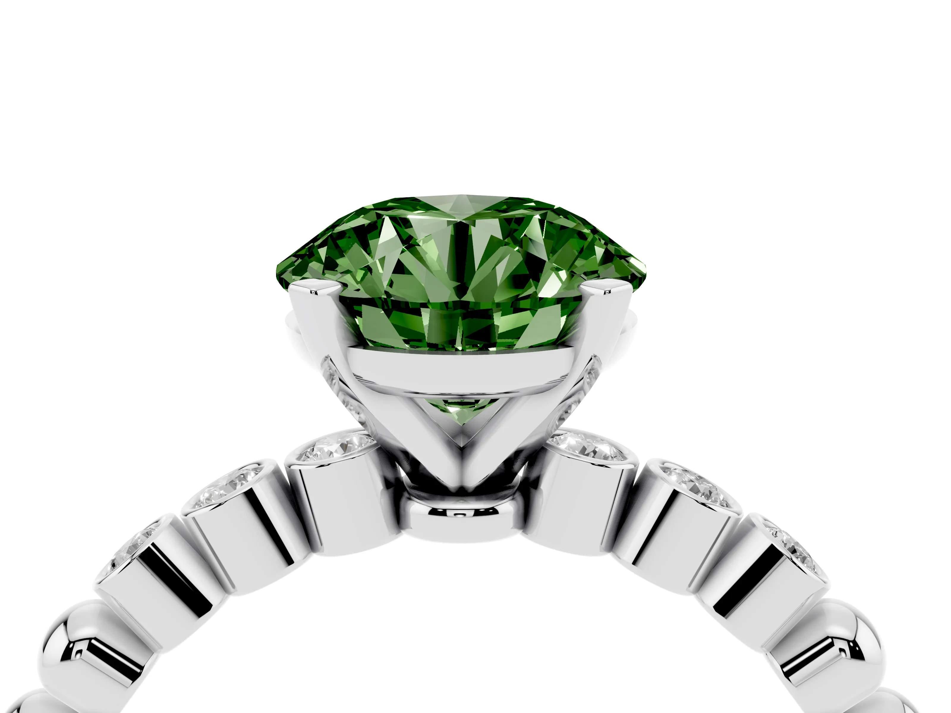 Fancy Green Round Cut Diamond Solitaire Engagement Ring Set in Platinum with Bezel Accents on Beaded Band