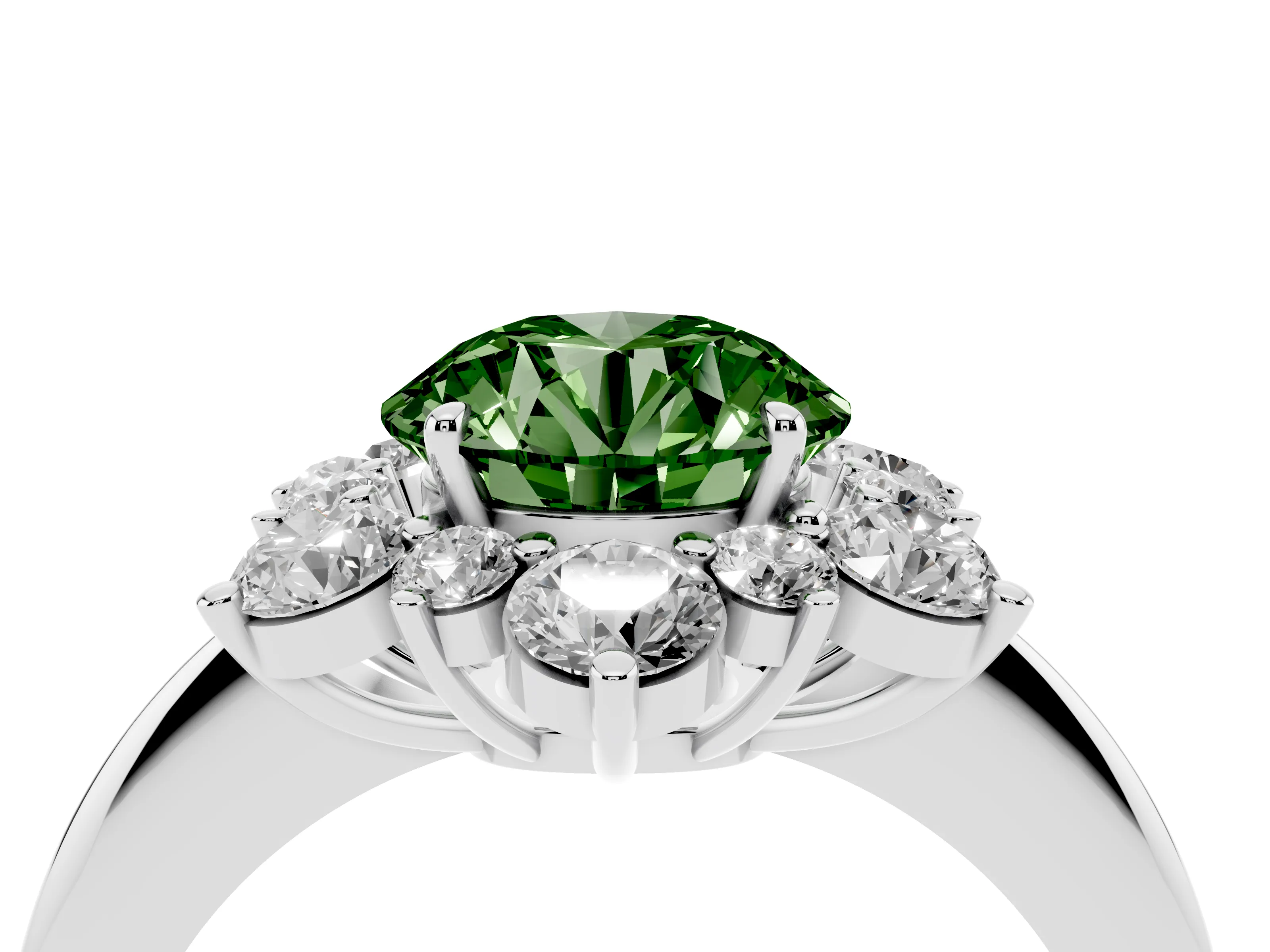 Fancy Green Round Cut Diamond Cluster Halo Ring Set in Silver with Solitaire Band and Prong Setting