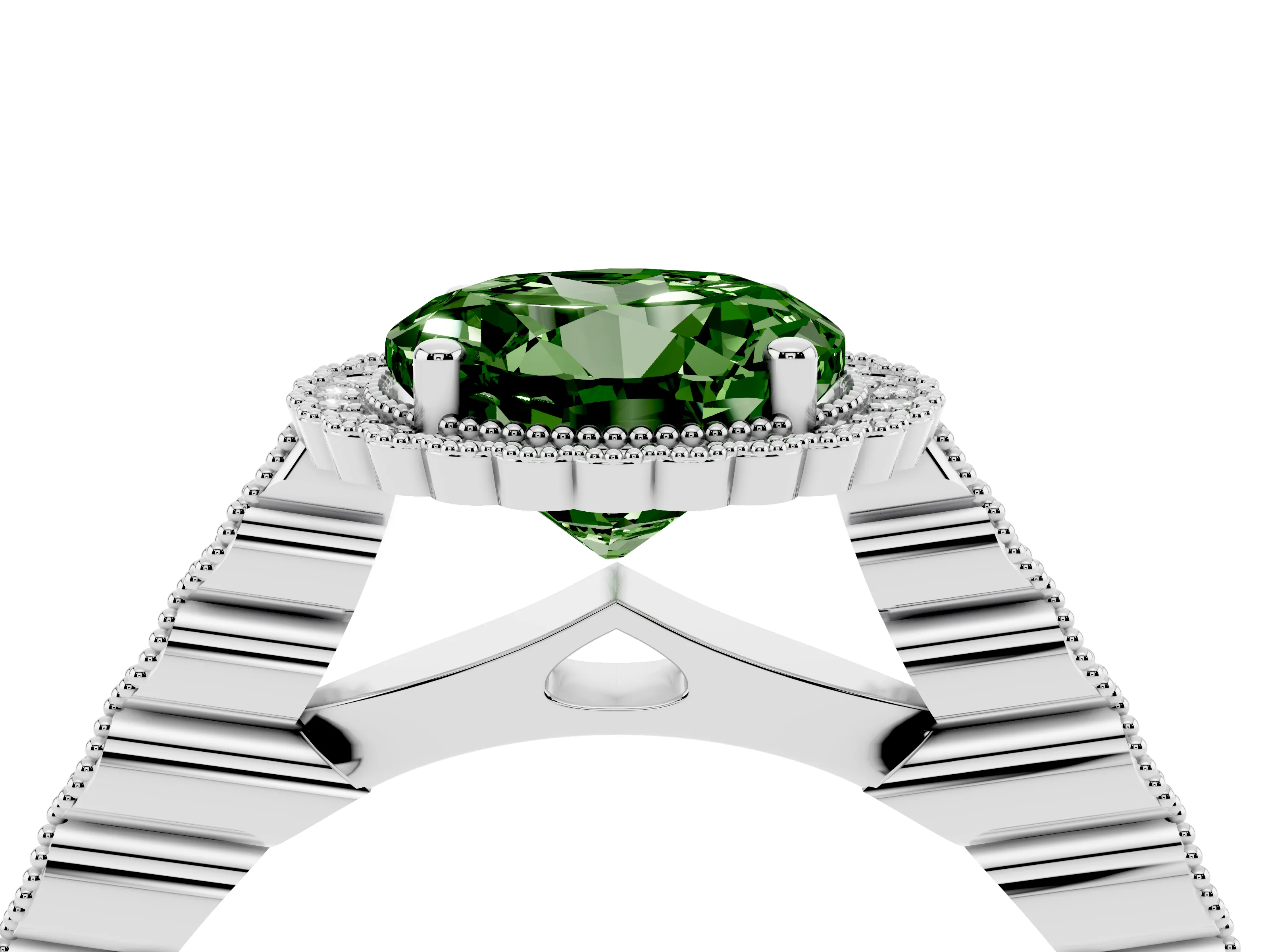 Fancy Green Round Cut Diamond Halo Ring Set in Platinum with Pavé Milgrain Band