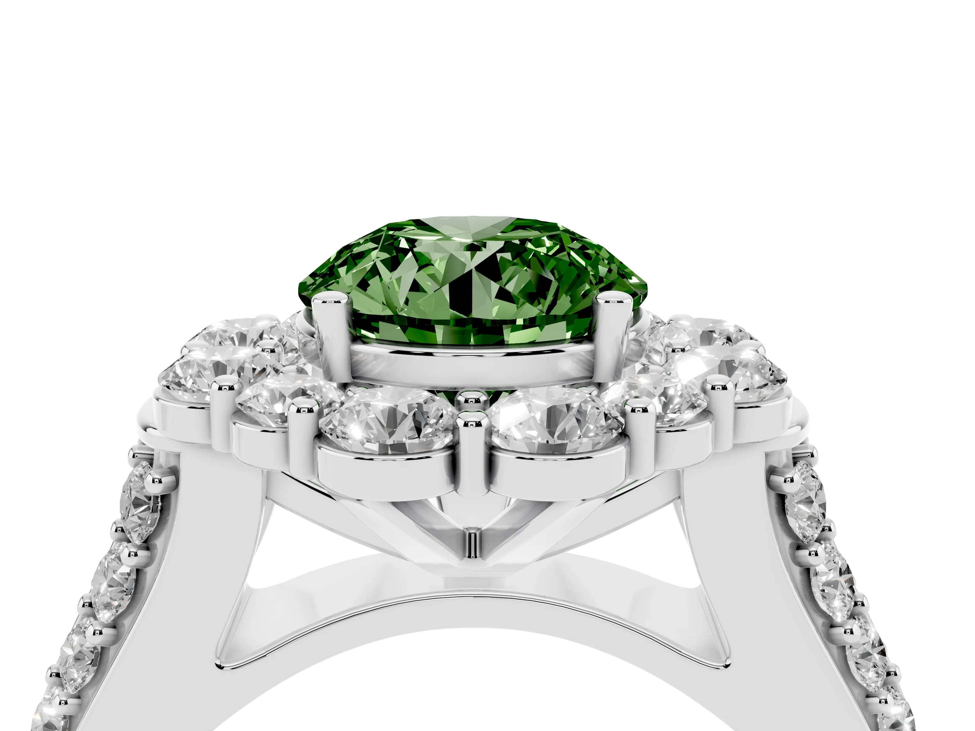 Fancy Green Round Cut Diamond Halo Engagement Ring Set in White gold with Split Shank and Prong Setting