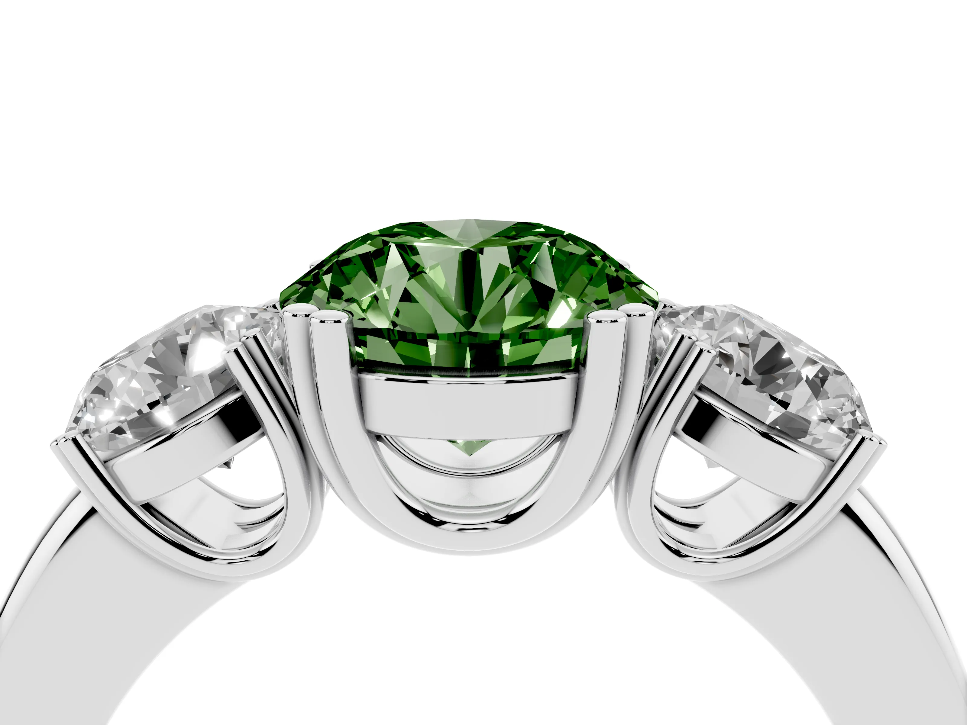 Fancy Green Round Cut Diamond Three-Stone Ring Set in Platinum with Polished Channel-Set Band