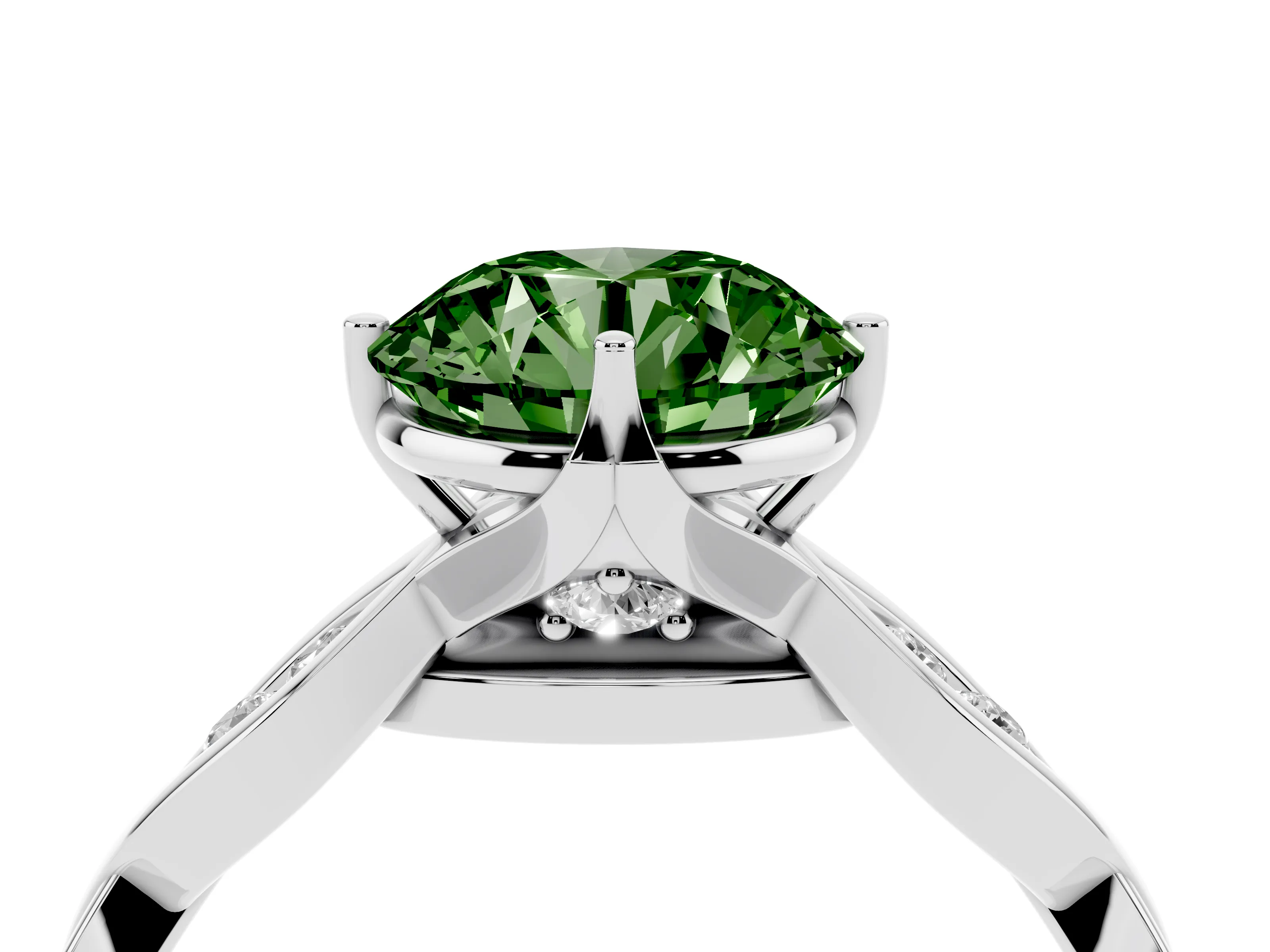 Fancy Green Round Cut Diamond Twist Band Solitaire Ring Set in Silver with Leaf Prong Setting and Accent Stones