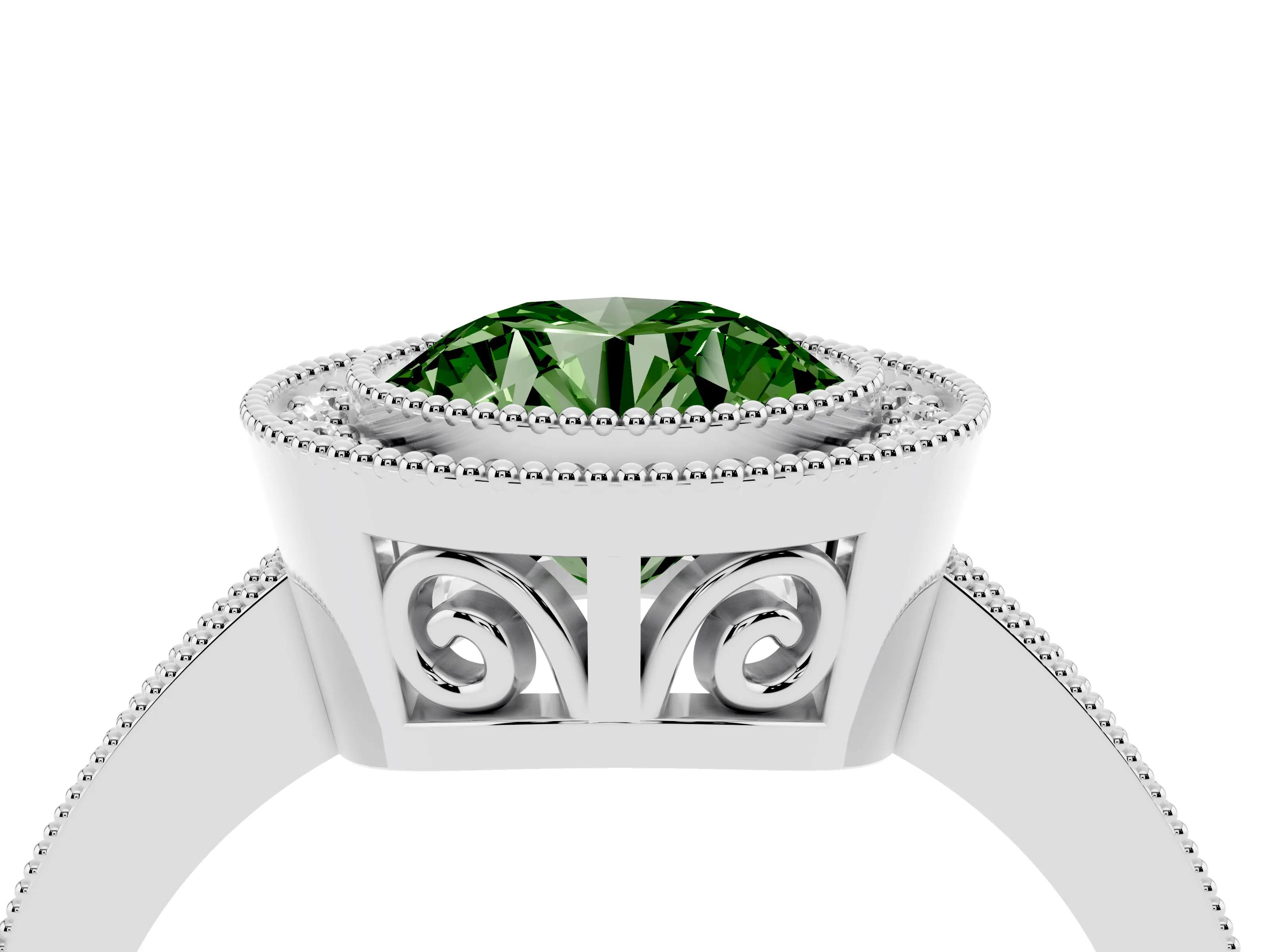 Fancy Green Round Cut Diamond Round Halo Ring Set in White gold with Pavé Band