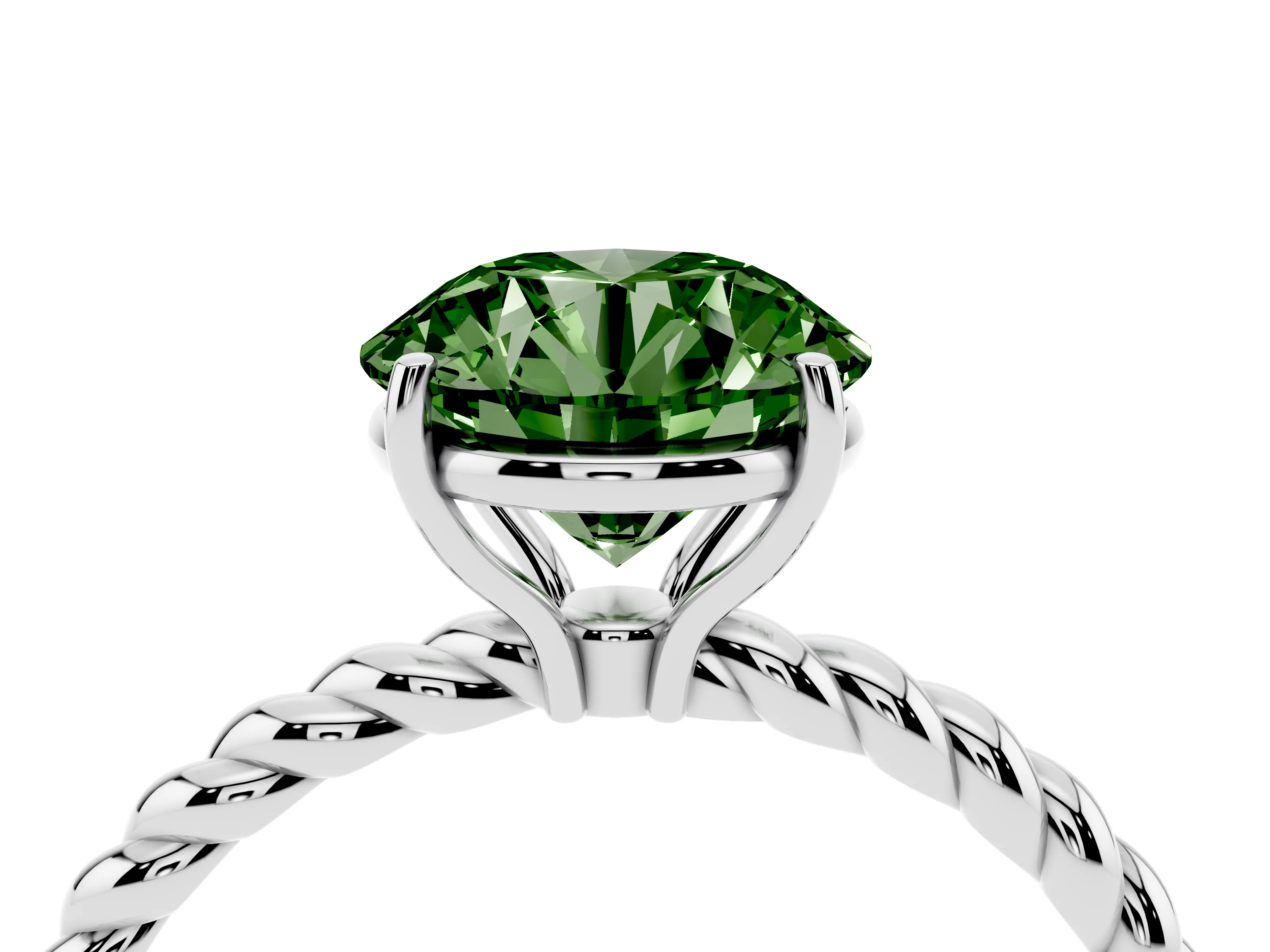 Fancy Green Round Cut Diamond Solitaire Ring Set in White gold with Twist Band and Prong Setting
