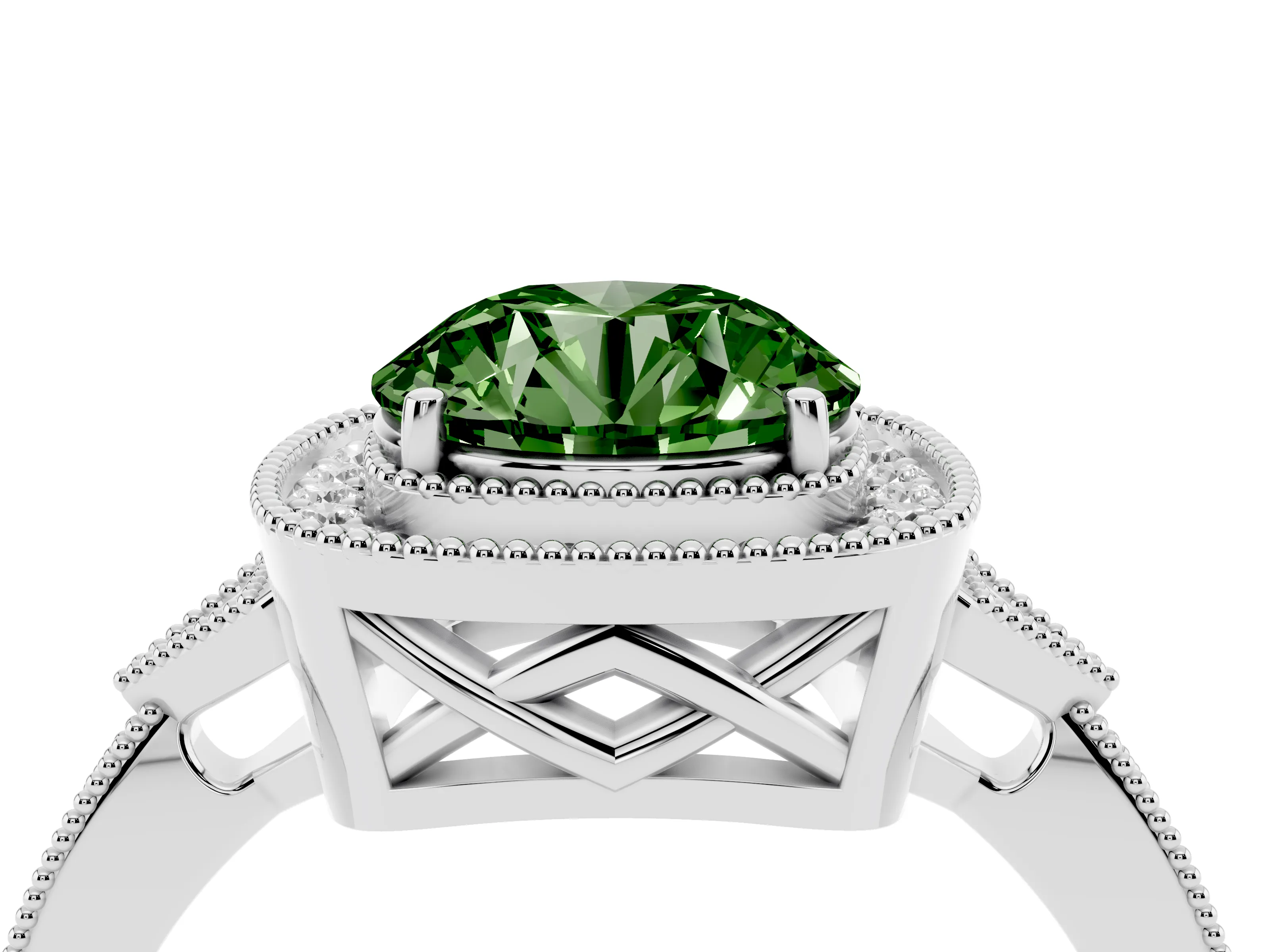 Fancy Green Round Cut Diamond Halo Engagement Ring Set in Platinum with Milgrain Pavé Band