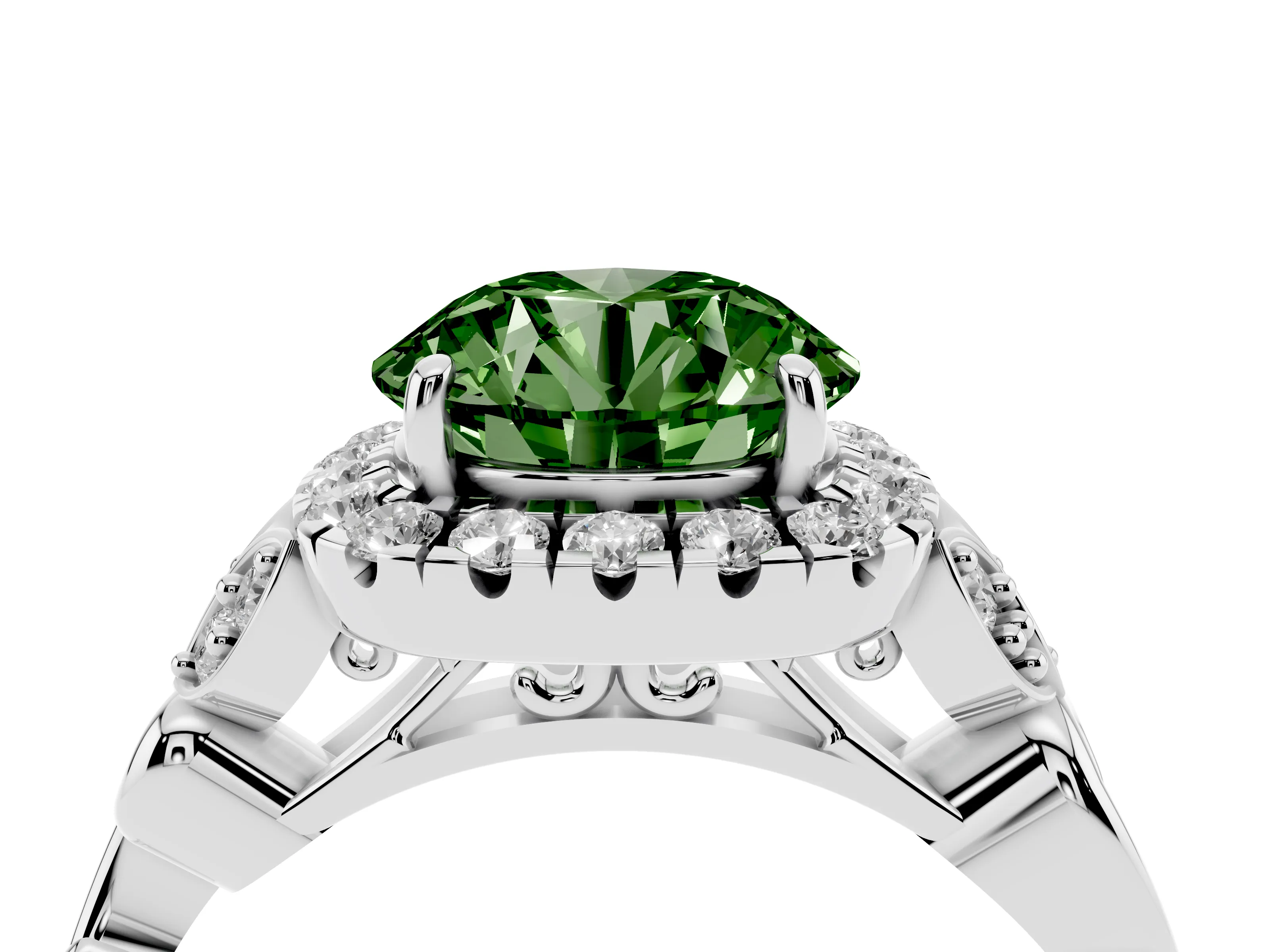 Fancy Green Round Cut Diamond Halo Engagement Ring Set in White gold with Vintage-Inspired Band and Prong Setting