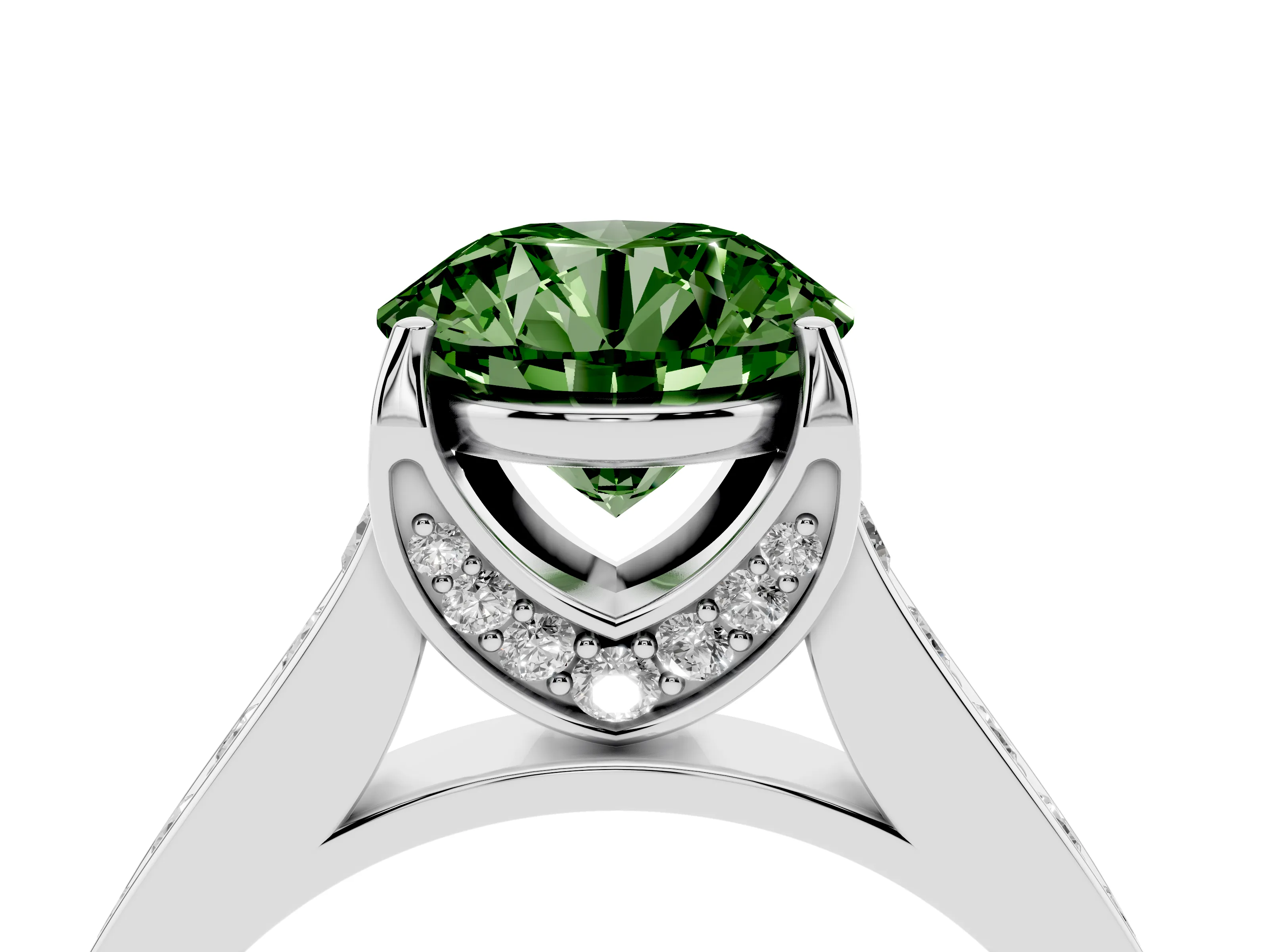 Fancy Green Round Cut Diamond Solitaire Pavé Engagement Ring Set in White gold with Prong Setting