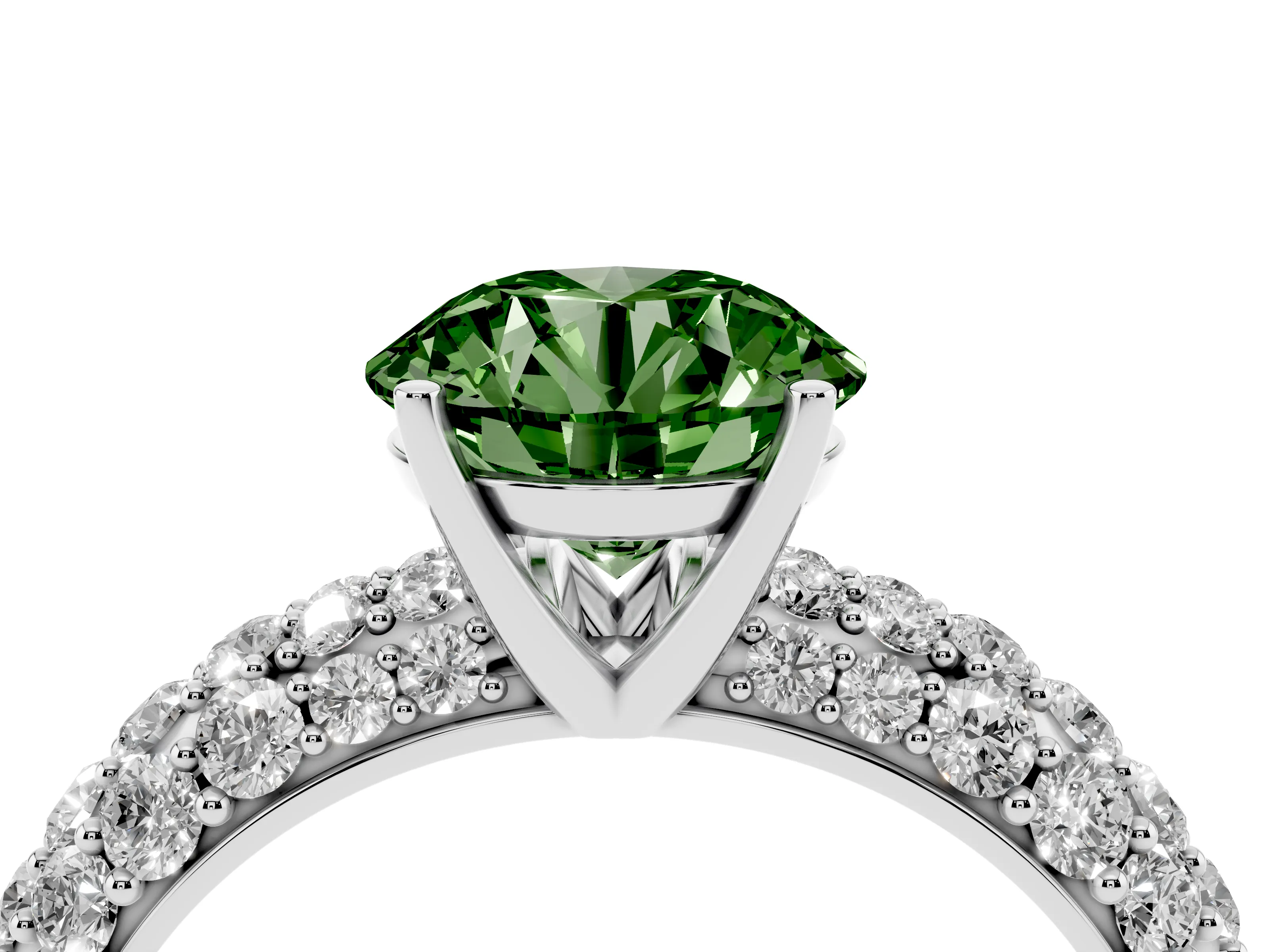 Fancy Green Round Cut Diamond Pavé Band Solitaire Ring Set in White gold with Close-Set Accent Stones and Prong Setting