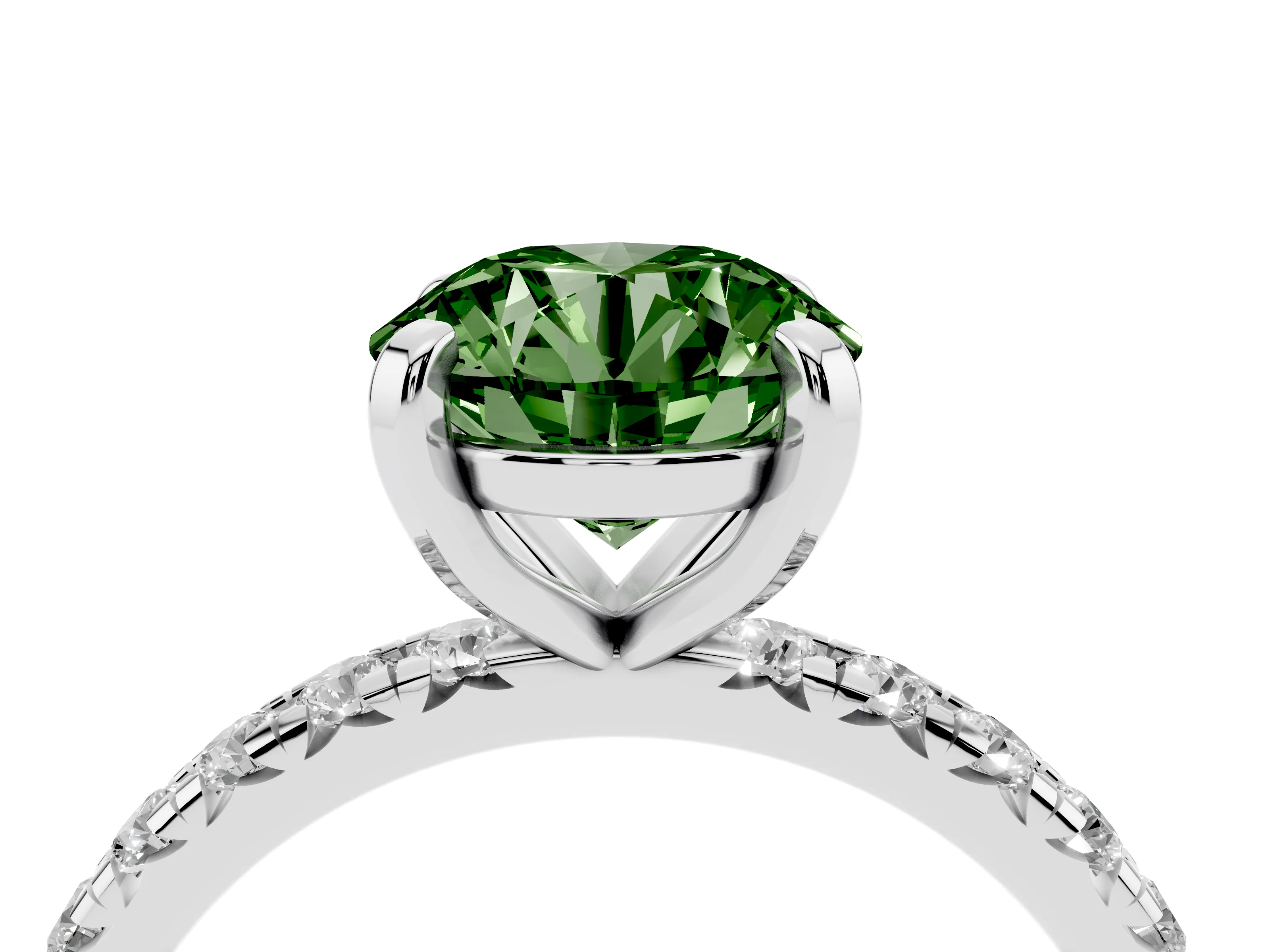 Fancy Green Round Cut Diamond Pavé Solitaire Ring Set in Silver with Round Band and Prong Setting
