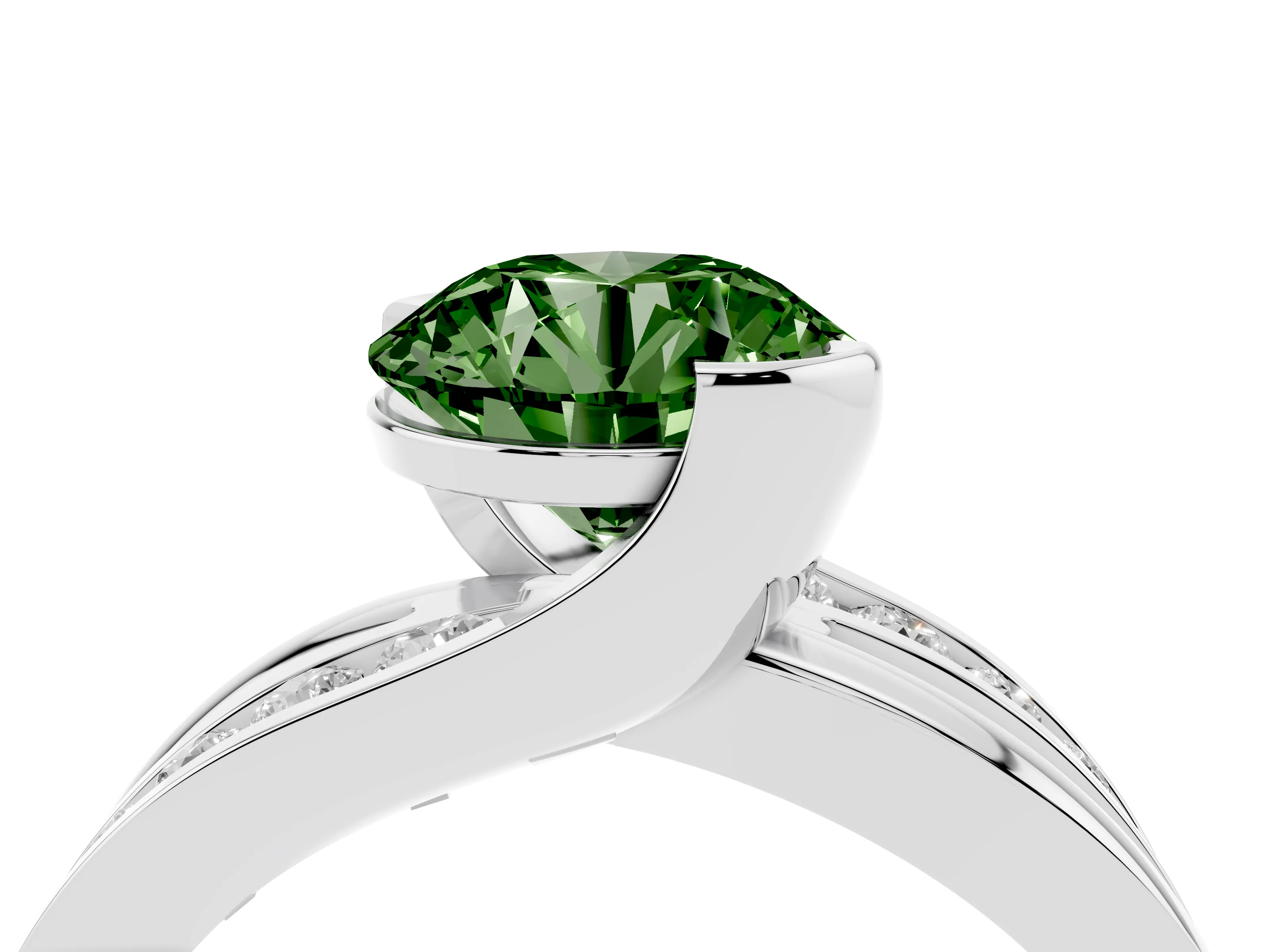 Fancy Green Round Cut Diamond Solitaire Ring Set in Silver with Channel Set Split Shank and Tension Prongs