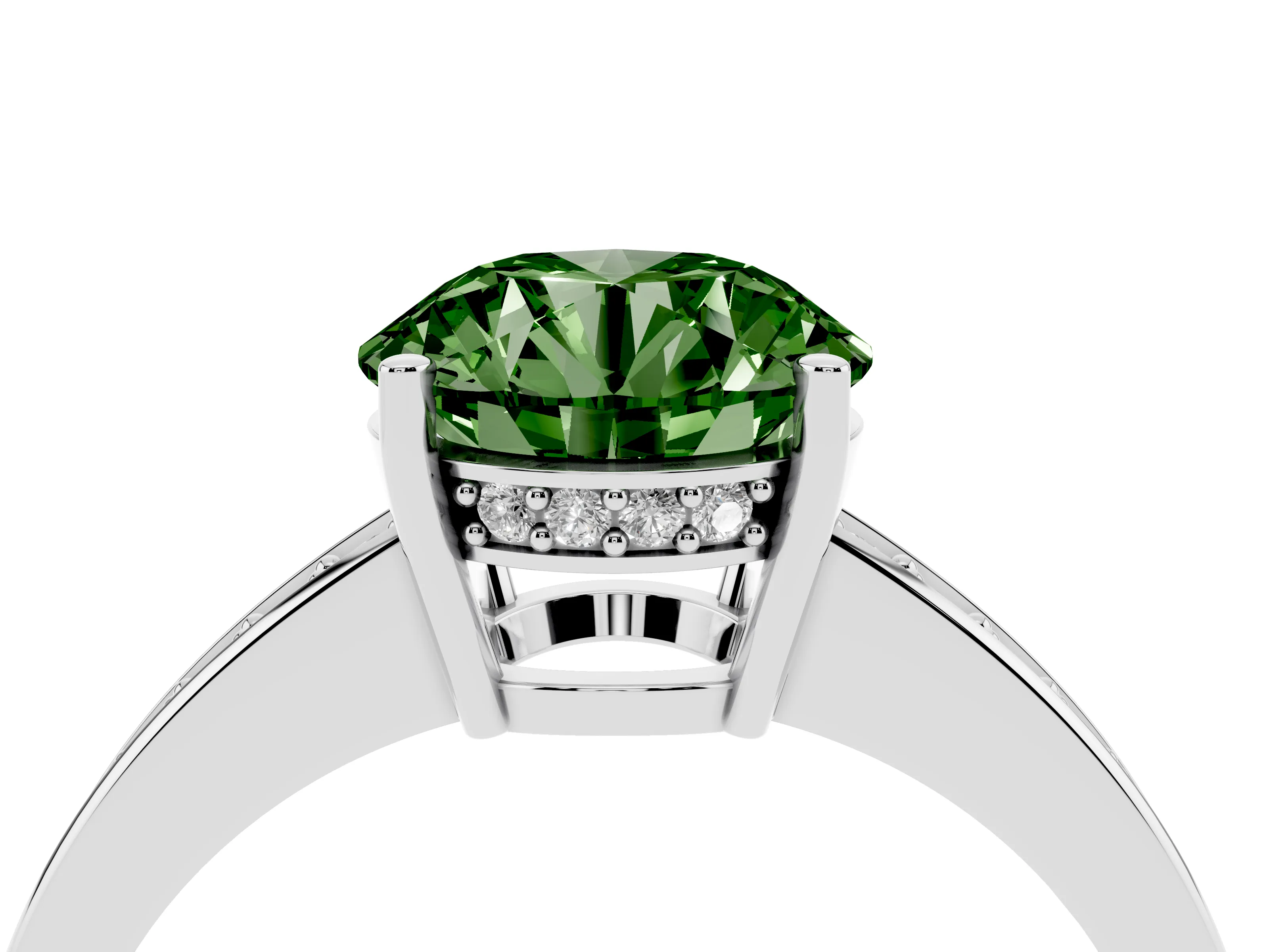 Fancy Green Round Cut Diamond Pavé Band Prong Set Solitaire Ring Set in Platinum
