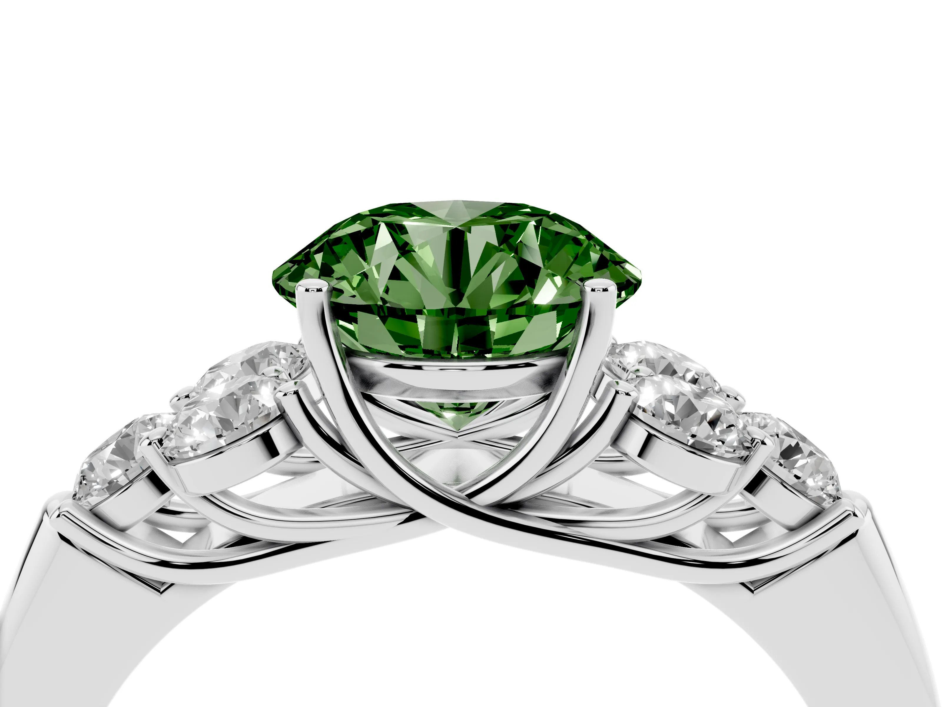 Fancy Green Round Cut Diamond Cluster Ring Set in Platinum with Round Accent Stones and Prong Setting on a Plain Band