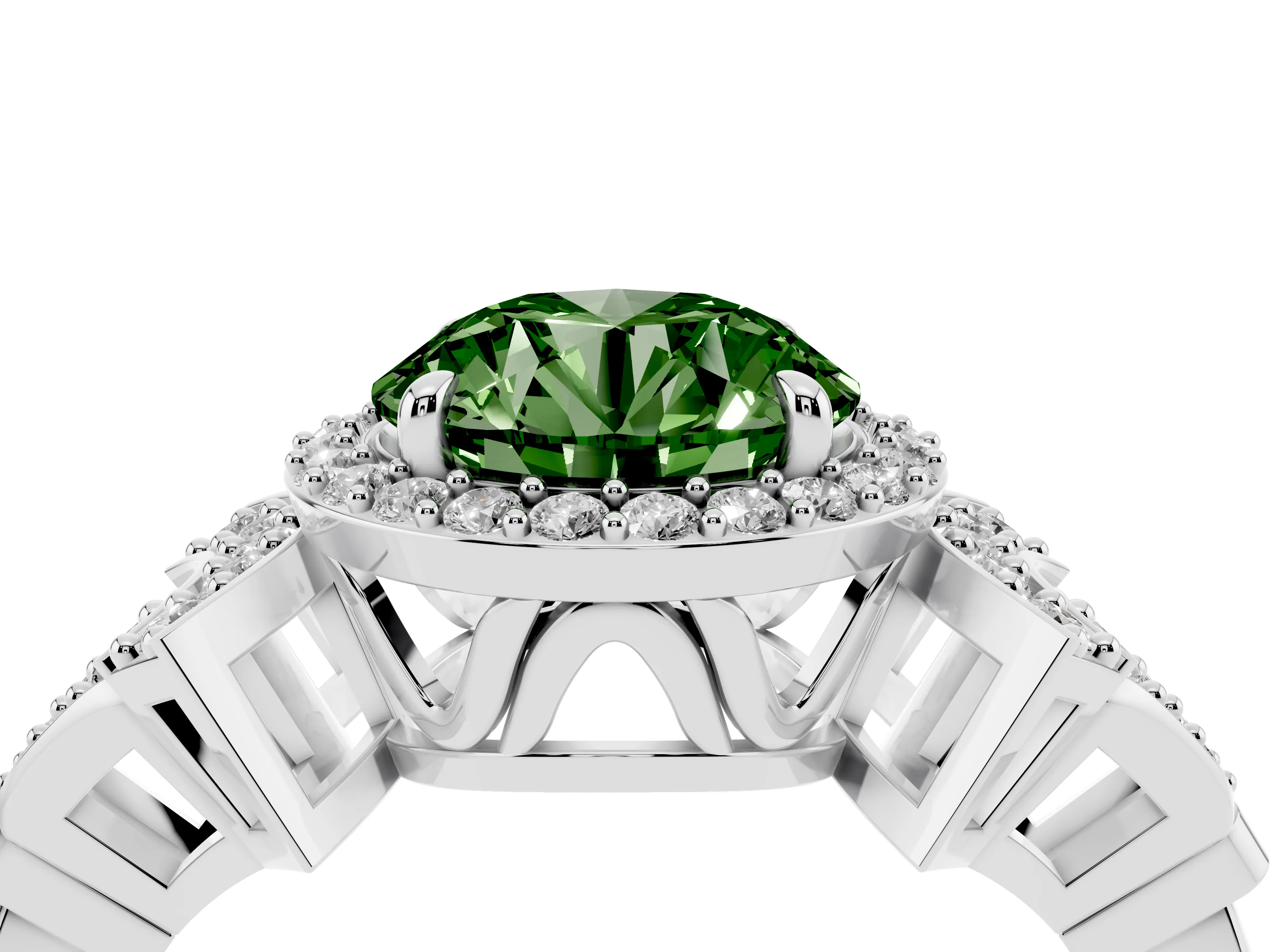 Fancy Green Round Cut Diamond Halo Engagement Ring Set in Platinum with Accent Stone Split Shank