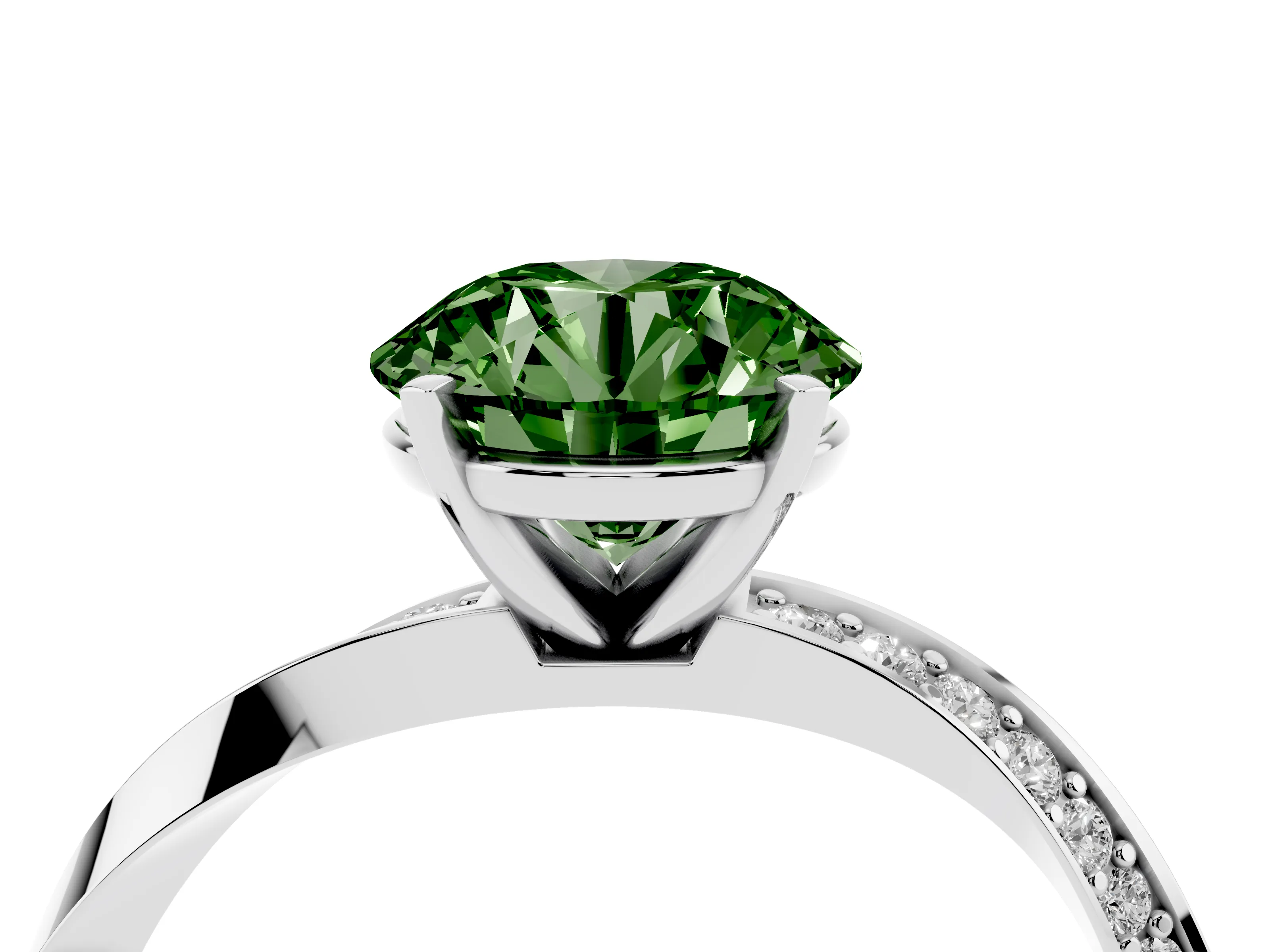 Fancy Green Round Cut Diamond Engagement Ring Set in White gold with Side Stone Accents and Prong Setting