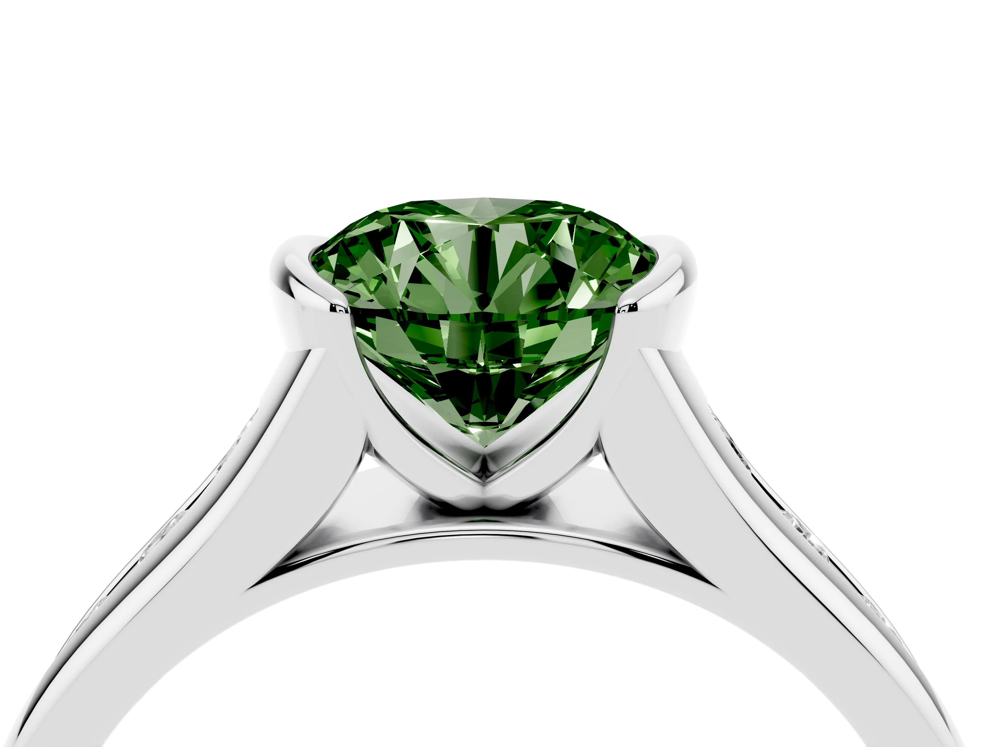 Fancy Green Round Cut Diamond Bezel-Set Solitaire Ring Set in White gold with Channel-Set Band