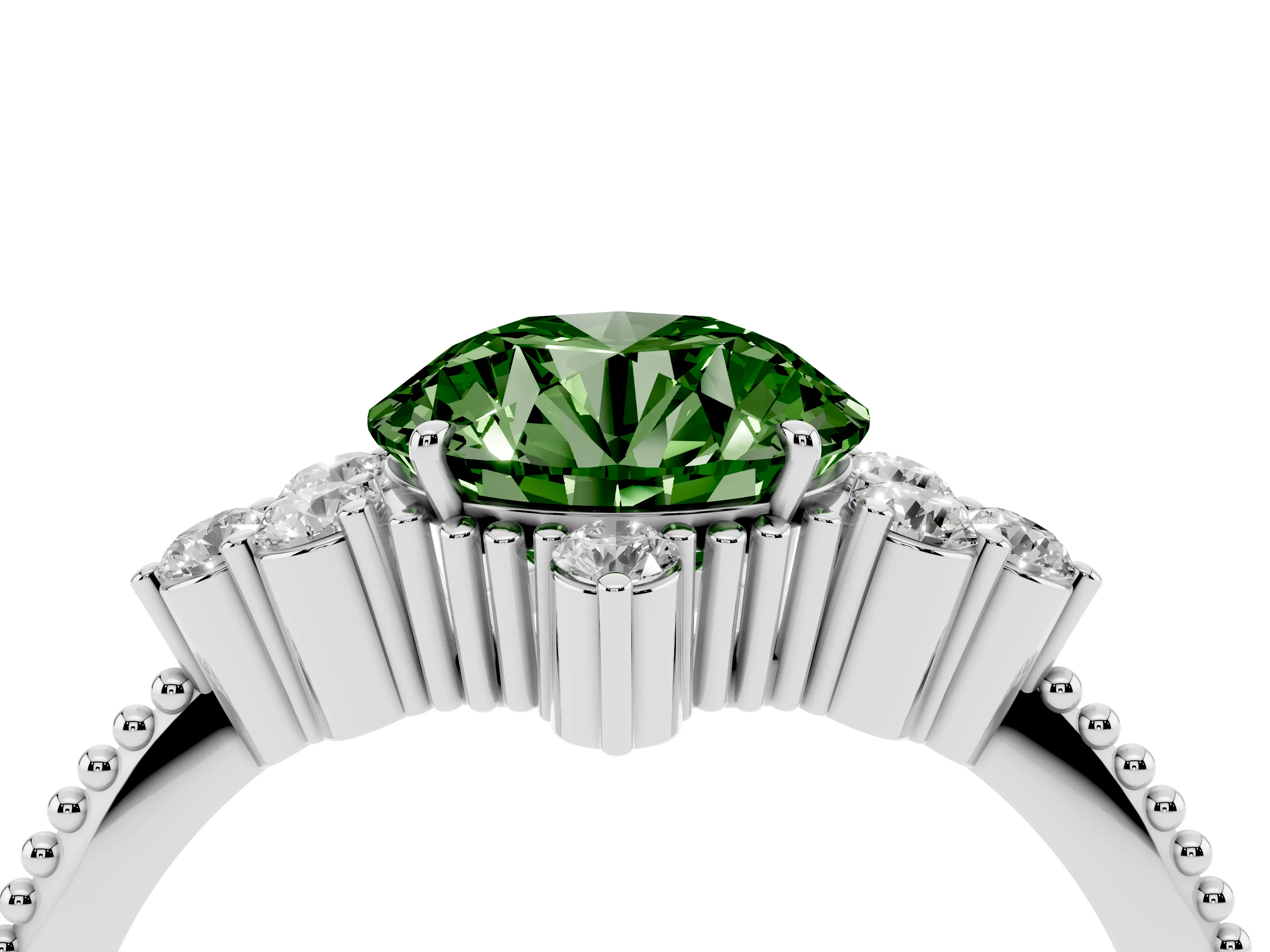 Fancy Green Round Cut Diamond Cluster Ring Set in Silver with Beaded Band