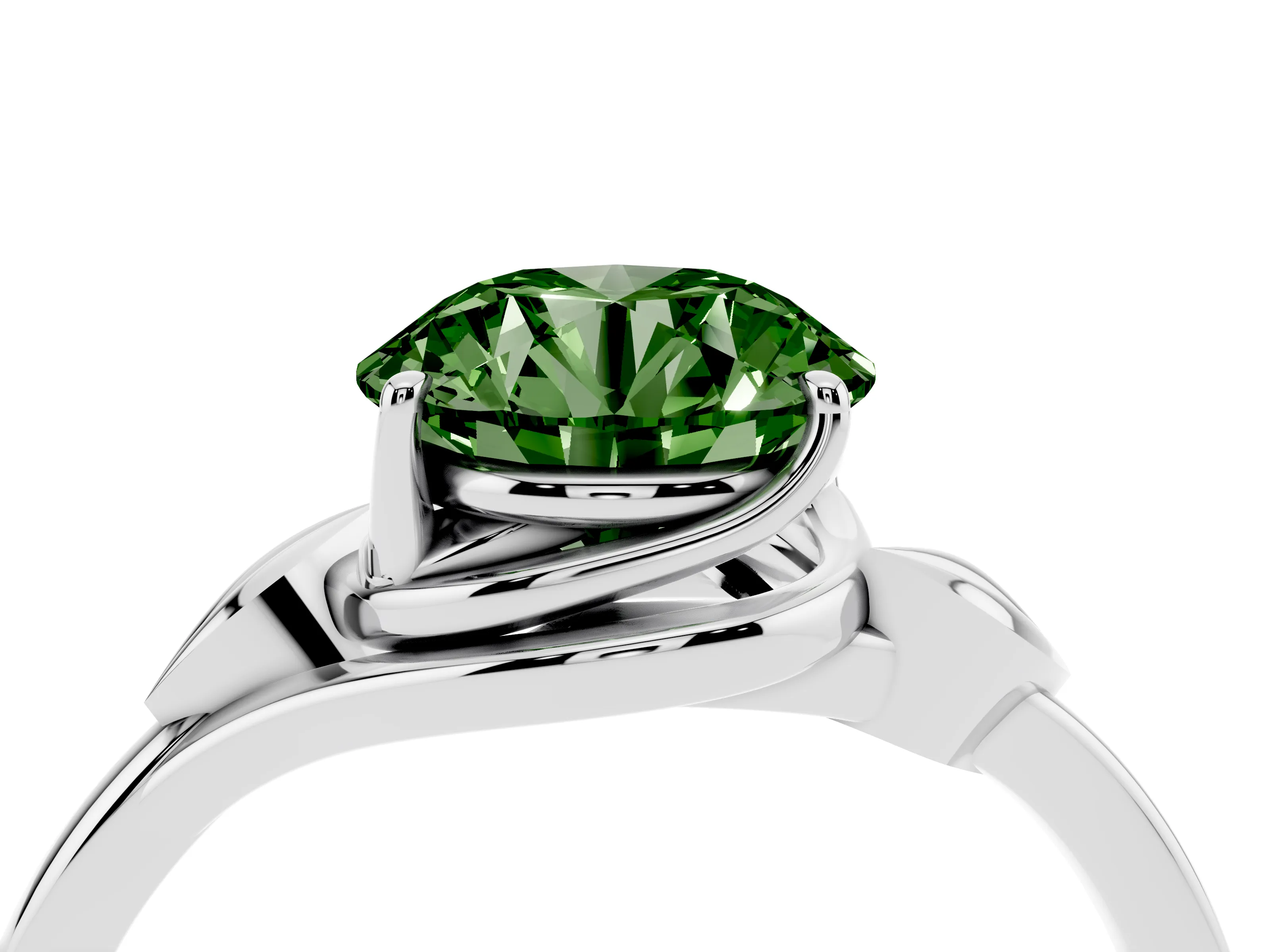 Fancy Green Round Cut Diamond Solitaire Ring Set in White gold with Polished Twist Band