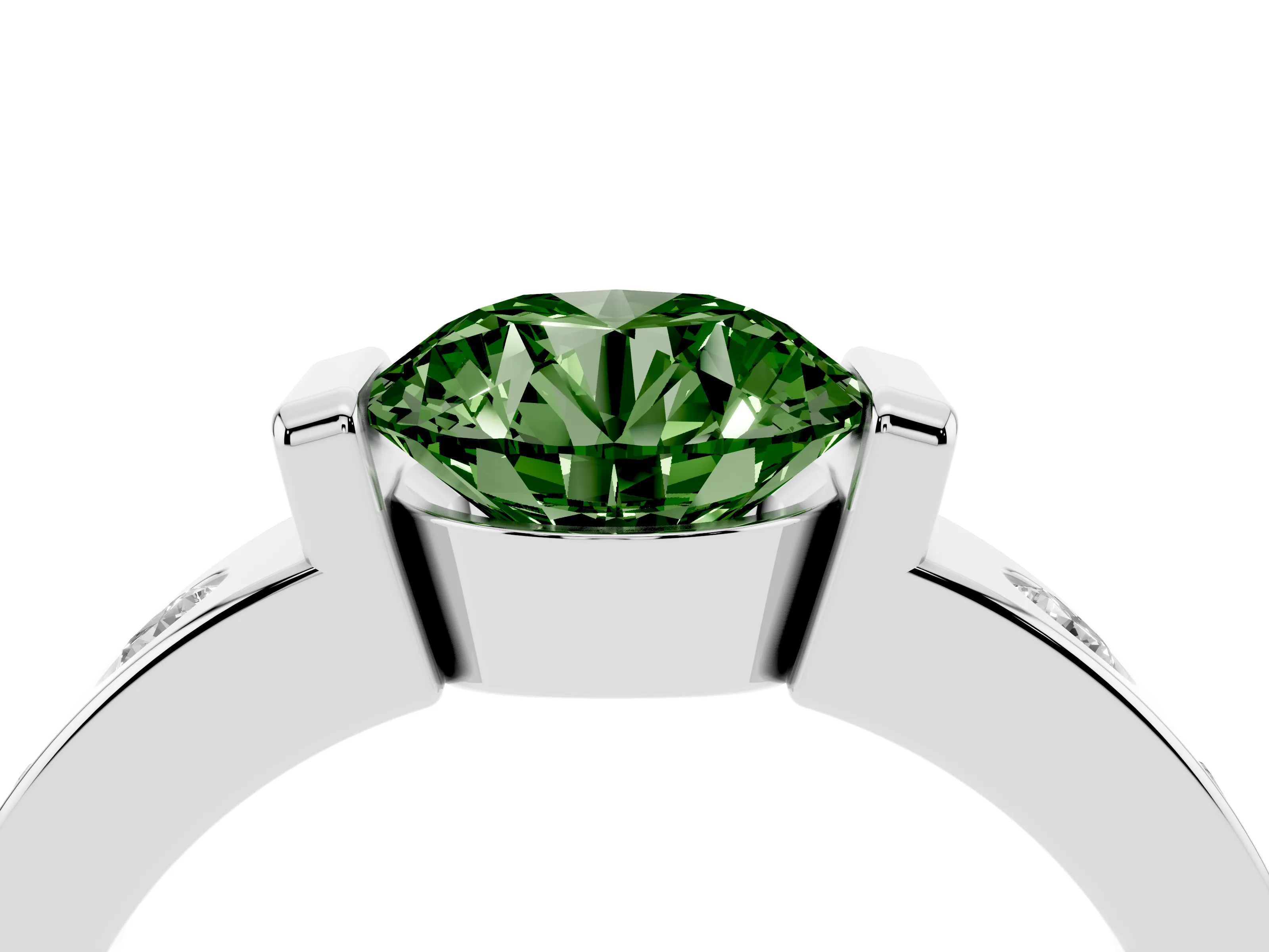 Fancy Green Round Cut Diamond Channel-Set Band Ring Set in Silver with Bezel Prong Setting